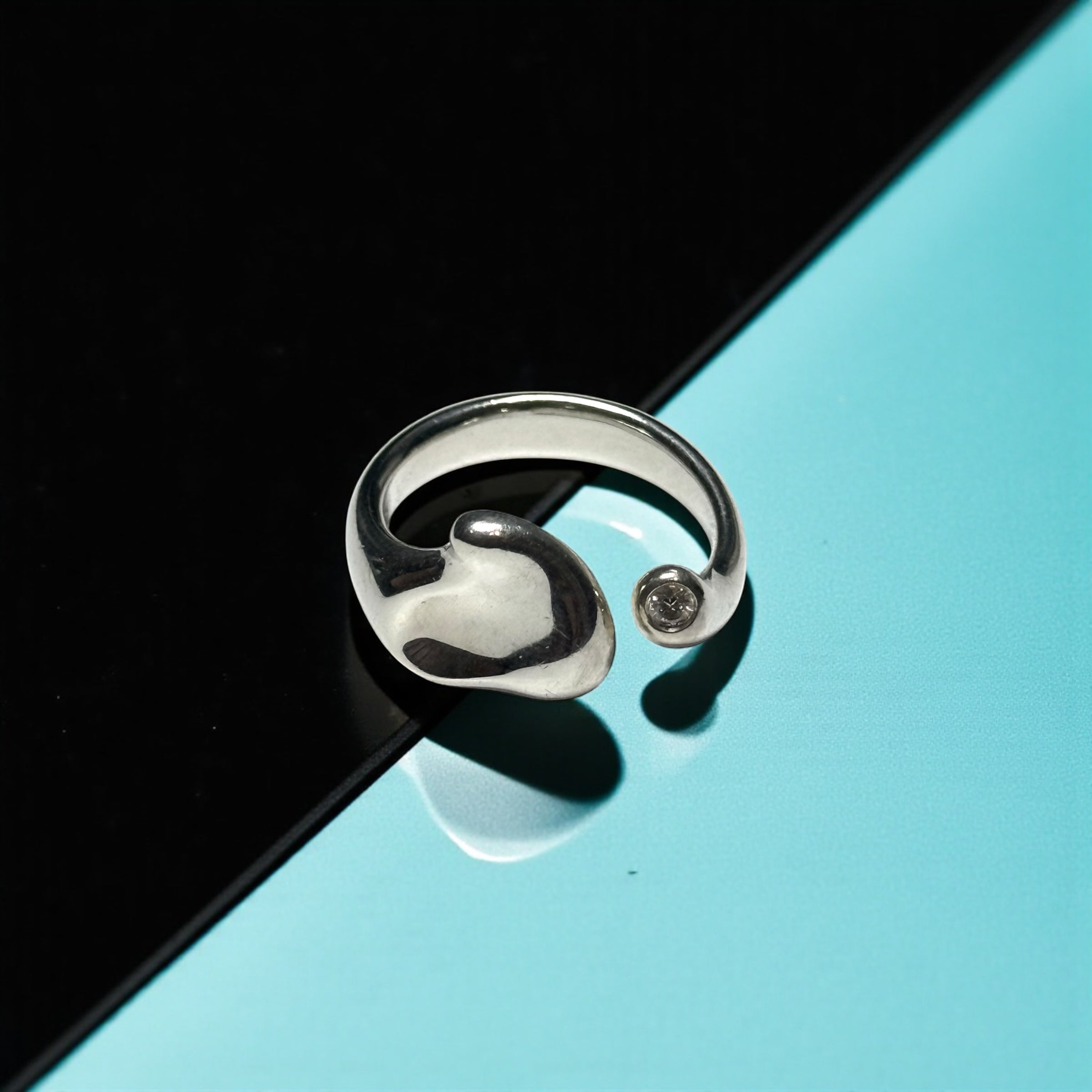 Tiffany & Co. Elsa Peretti Rare Sterling Silver Heart & Diamond Ring Size O 1/2