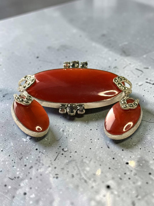 Mid Century Metal Carnelian & Marcasite Statement Brooch & Clip On Earrings
