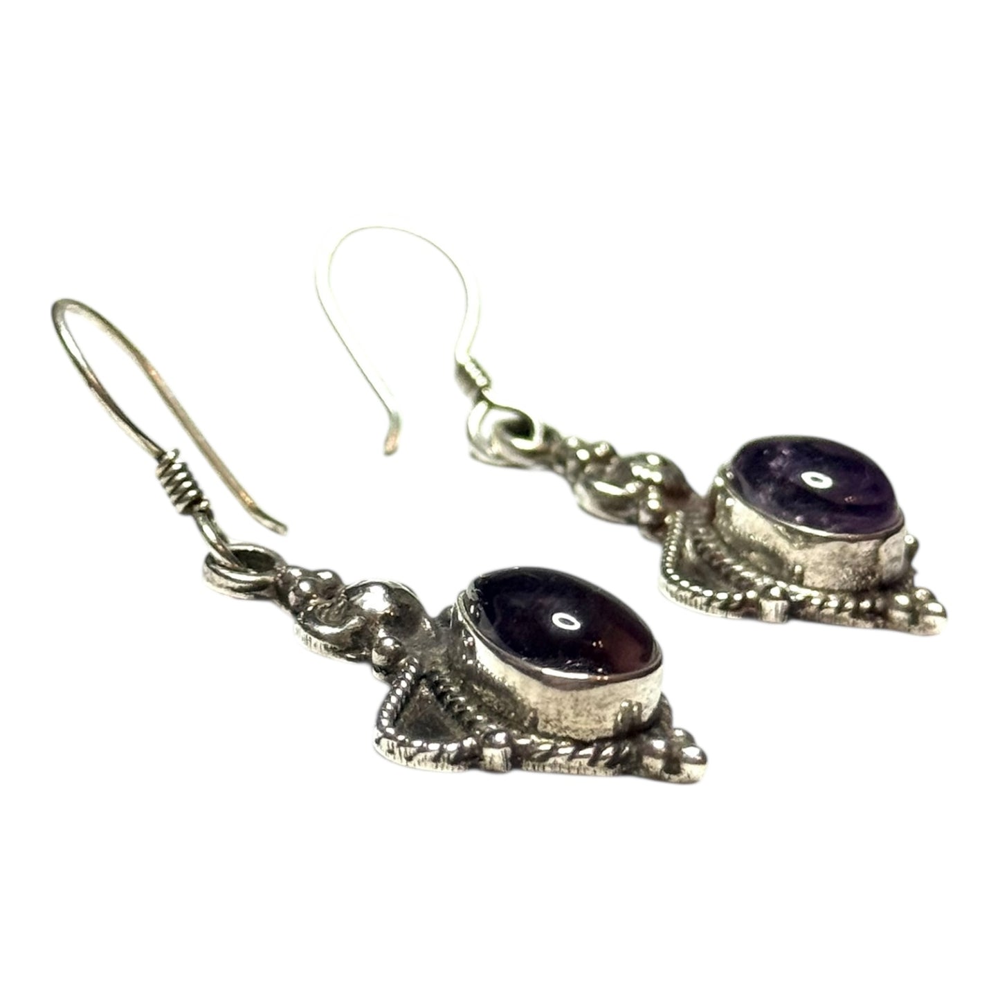 Vintage Amethyst Cabochon Silver Dangle Earrings