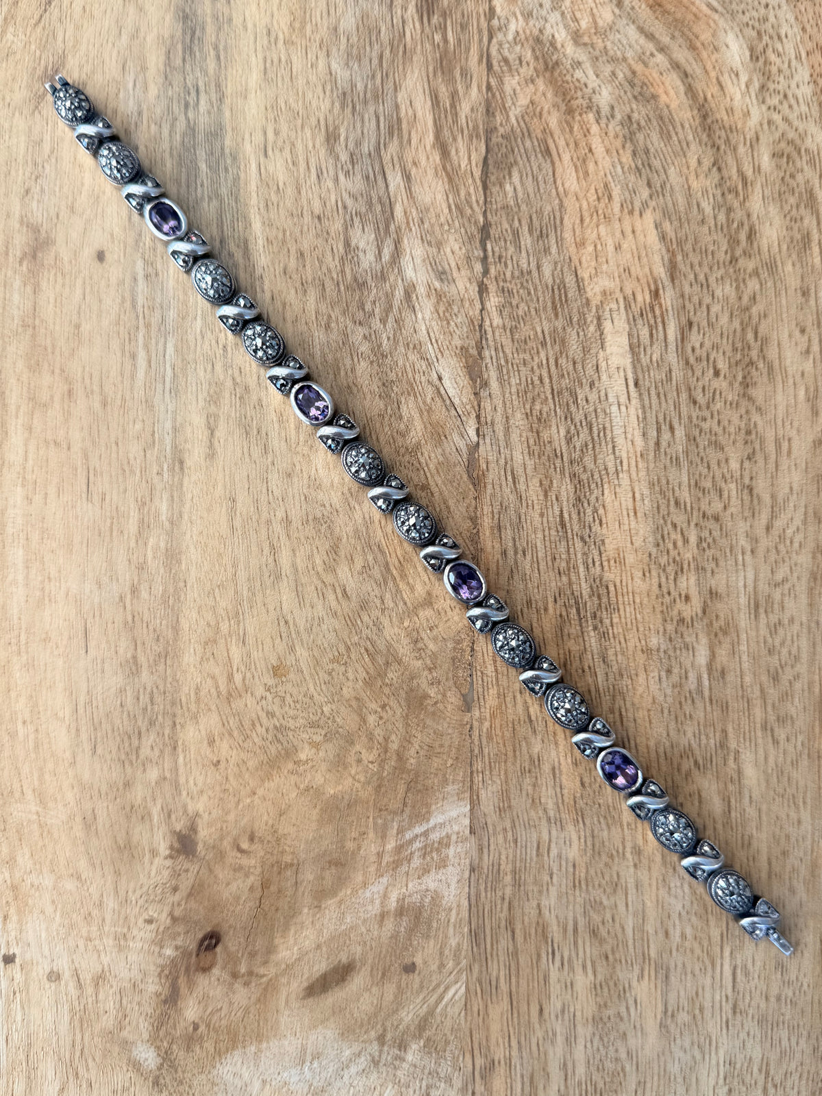 Very Sparkly Art Deco Style Amethyst Marcasite 925 Silver Bracelet 7 1/2"