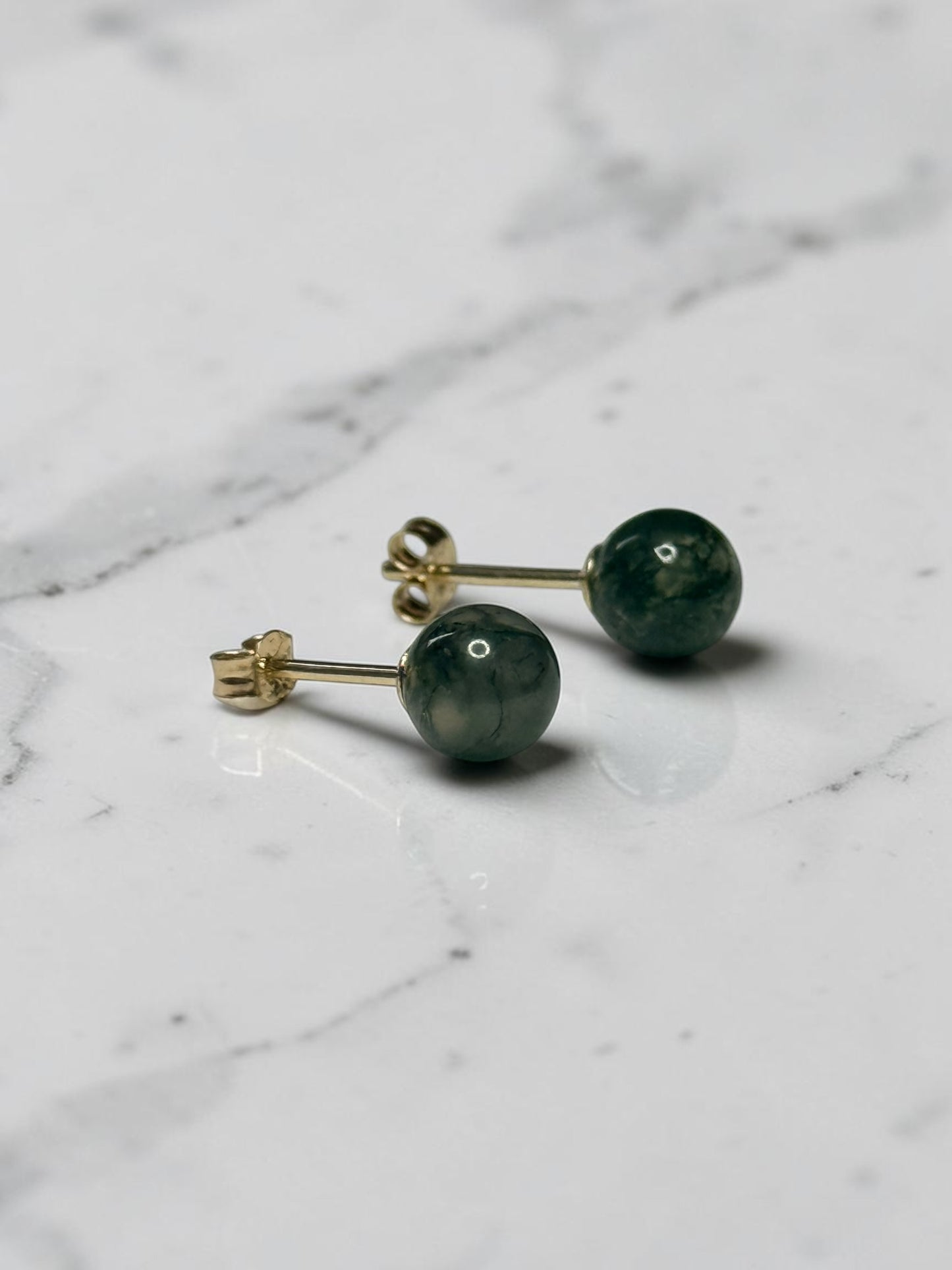 Genuine 5mm Moss Agate Globe 9k Gold Earrings