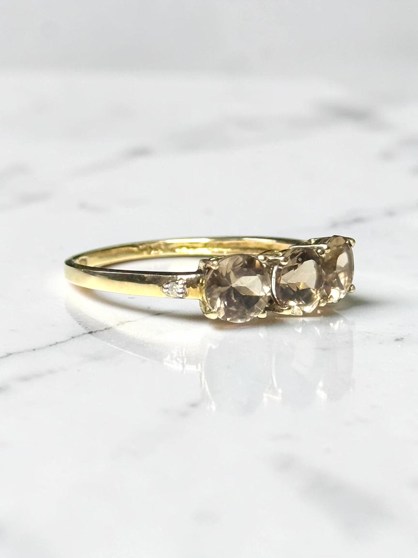 New Smokey Quartz Trilogy & Diamond 9k Gold Ring Size P