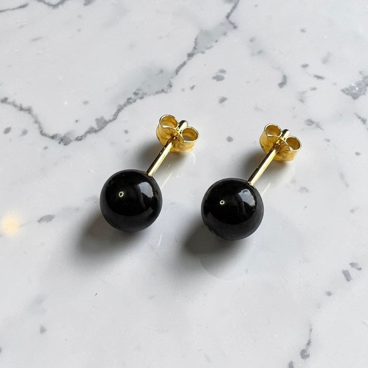 Genuine 6mm Black Onyx 9ct Gold Earring Studs 1.5 Carats