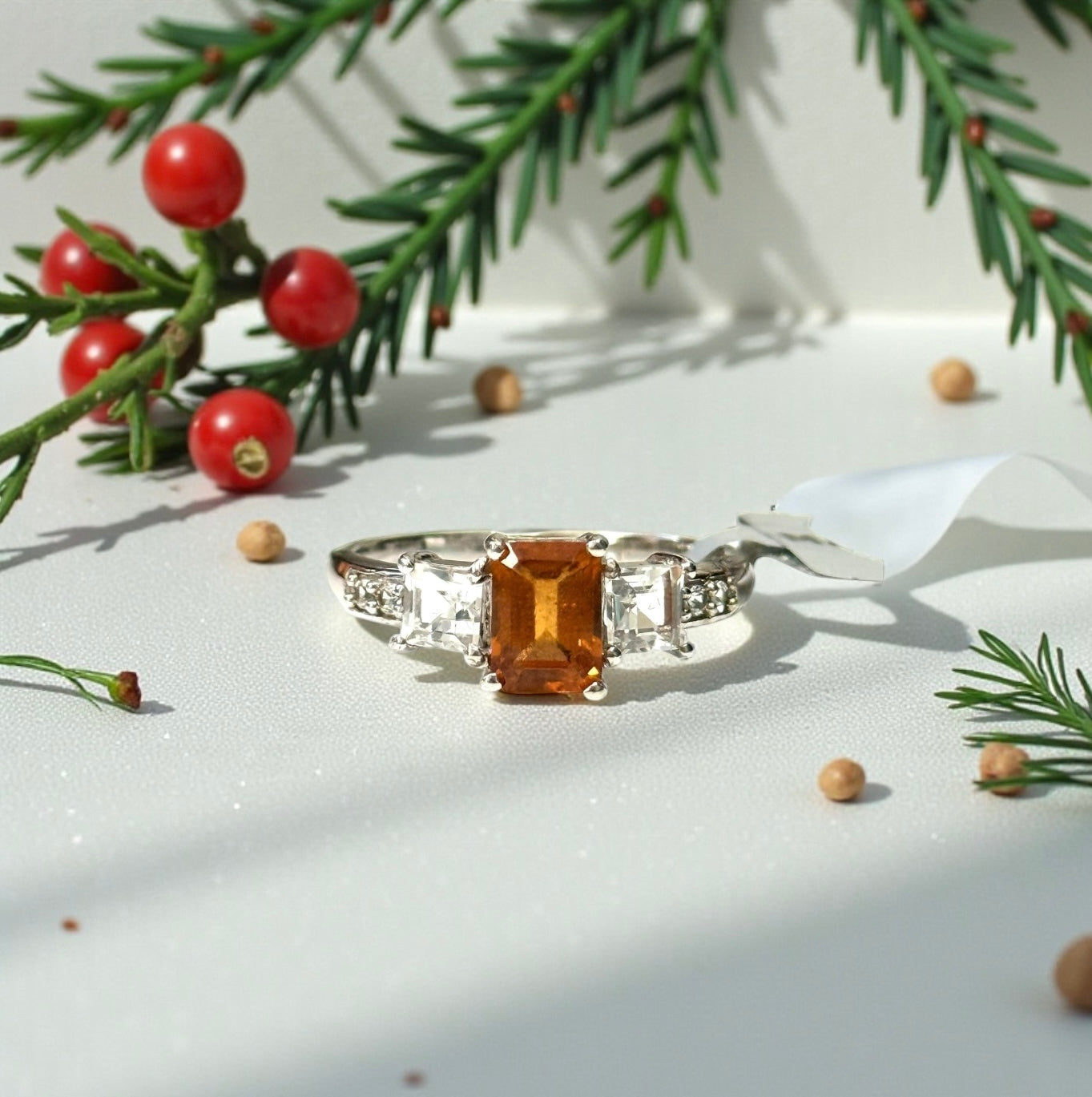 New Citrine & White Topaz Silver Ring Size Q CSC