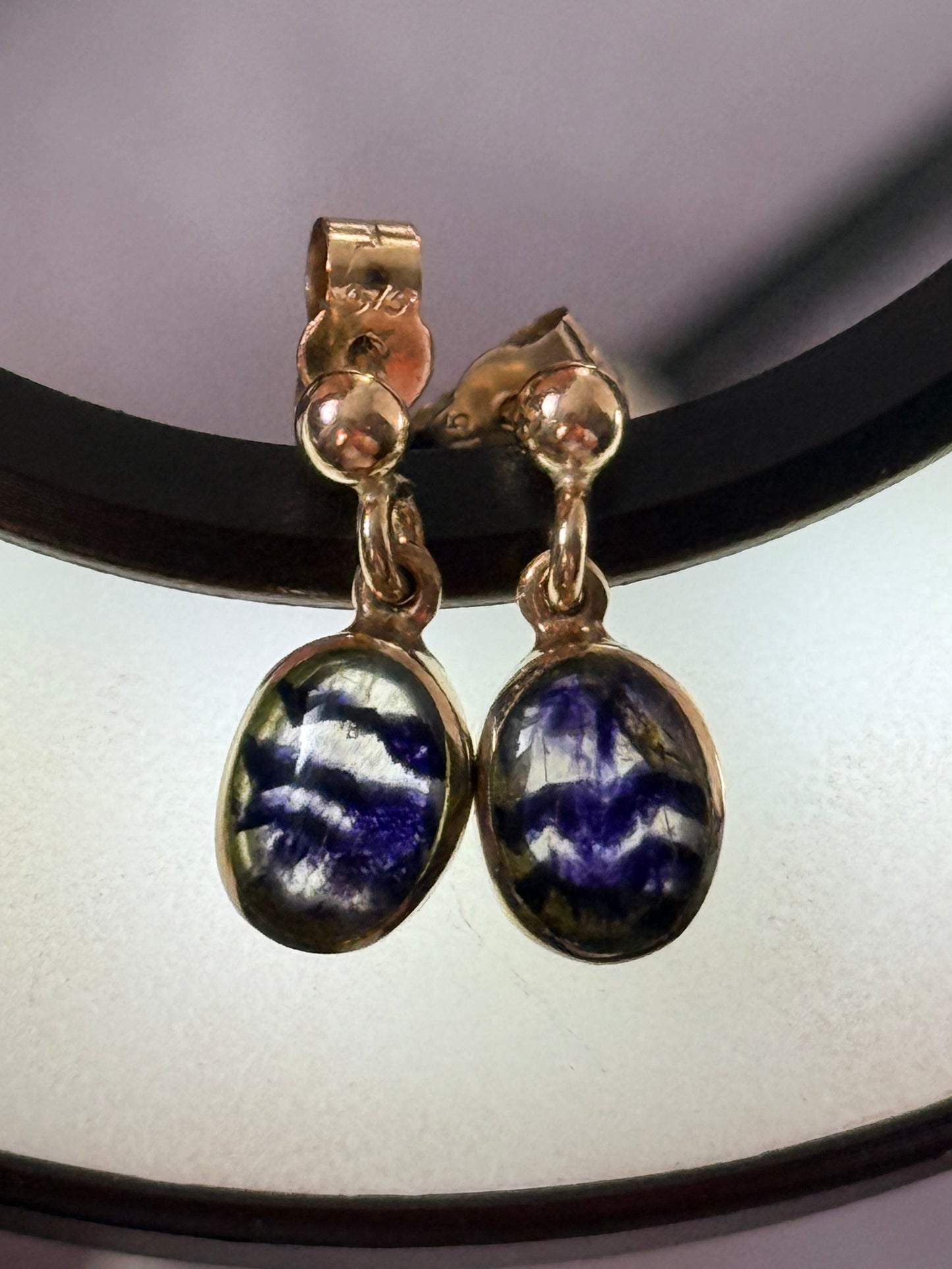 Pretty Vintage Blue John 9K Gold Dangle Earrings Hallmarked