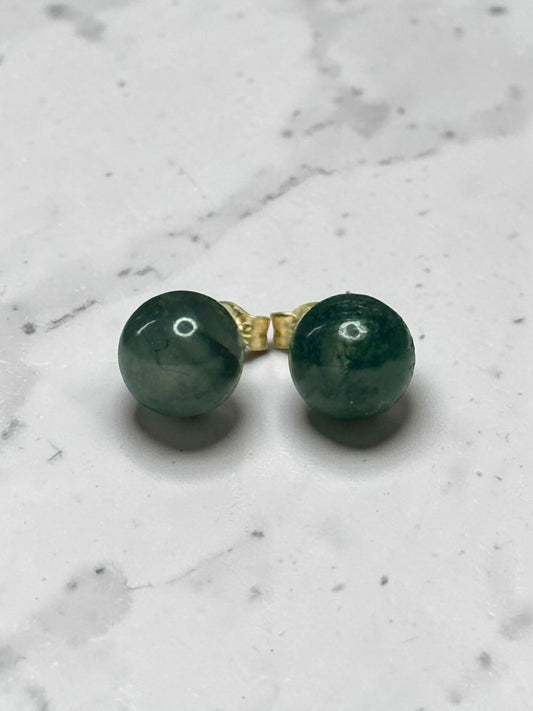 Genuine 5mm Moss Agate Globe 9k Gold Earrings