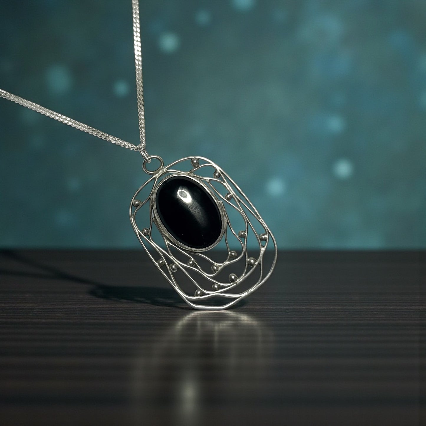 Vintage 1976 Obsidian Cabochon Silver Modernist Pendant & Chain