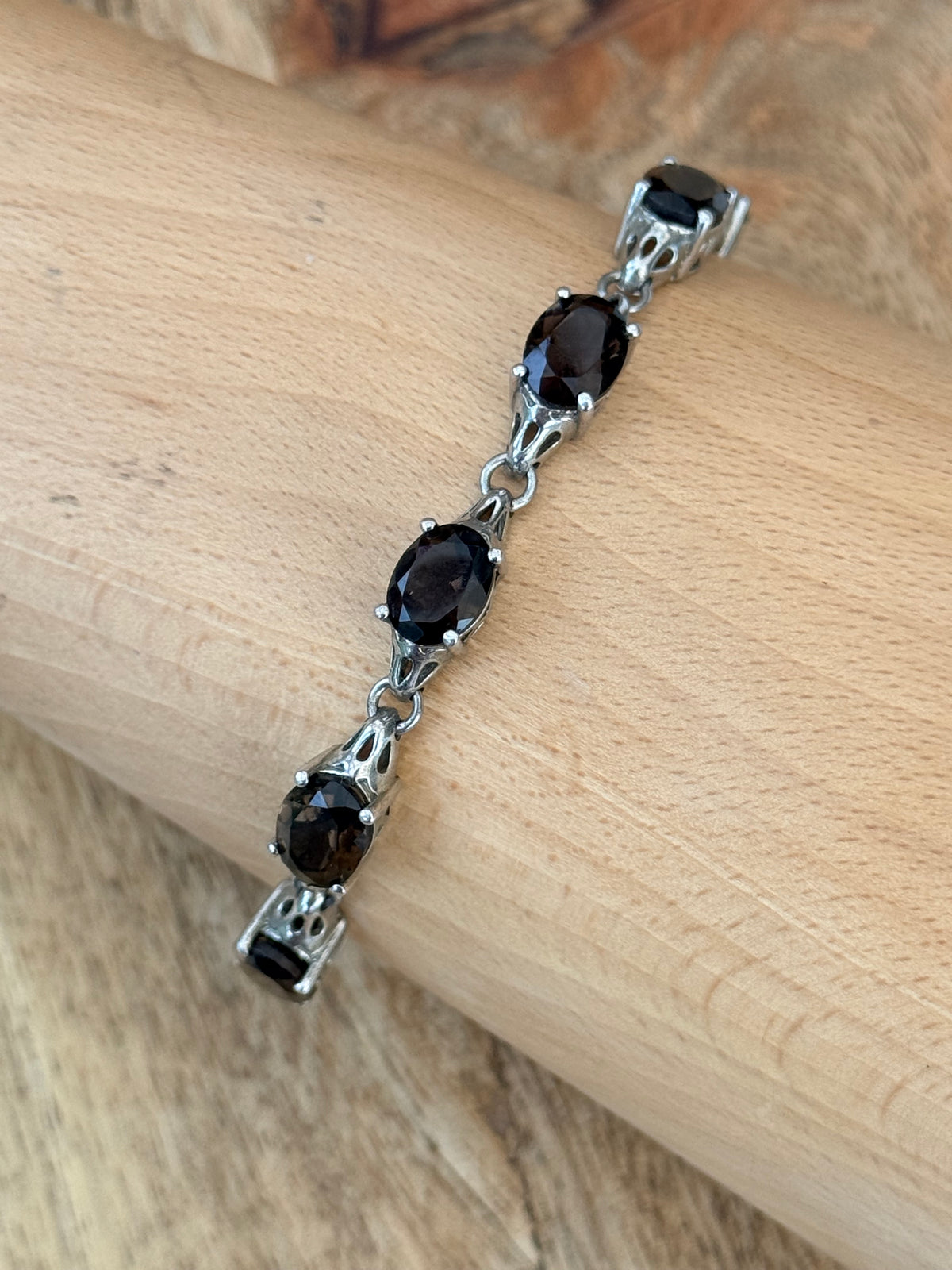 Quality Vintage Hallmarked Smokey Quartz Oval 18ct 925 Silver Bracelet 7 1/2"