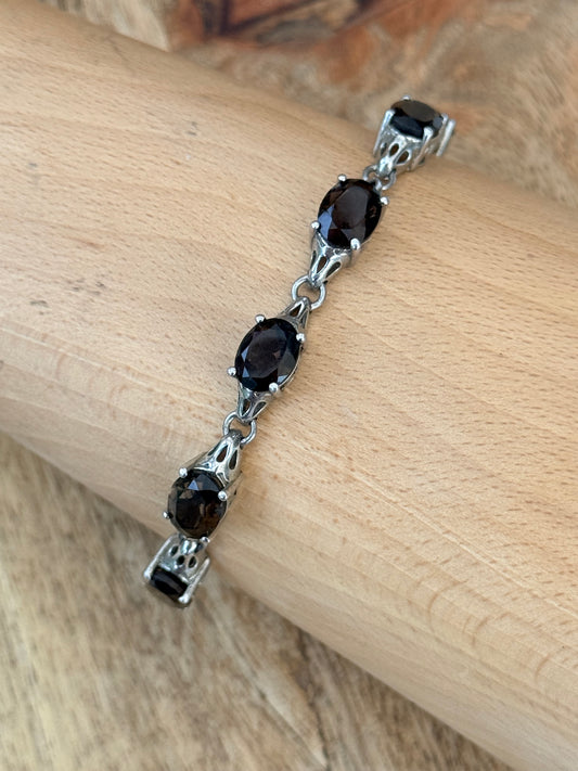 Quality Vintage Hallmarked Smokey Quartz Oval 18ct 925 Silver Bracelet 7 1/2"