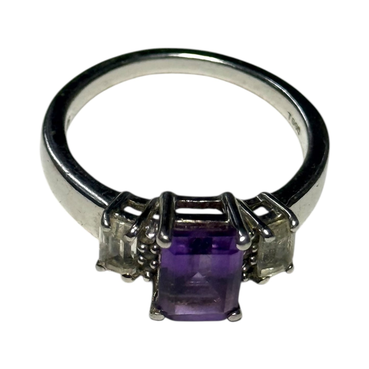 New Amethyst & White Topaz Silver Ring Size R CSC