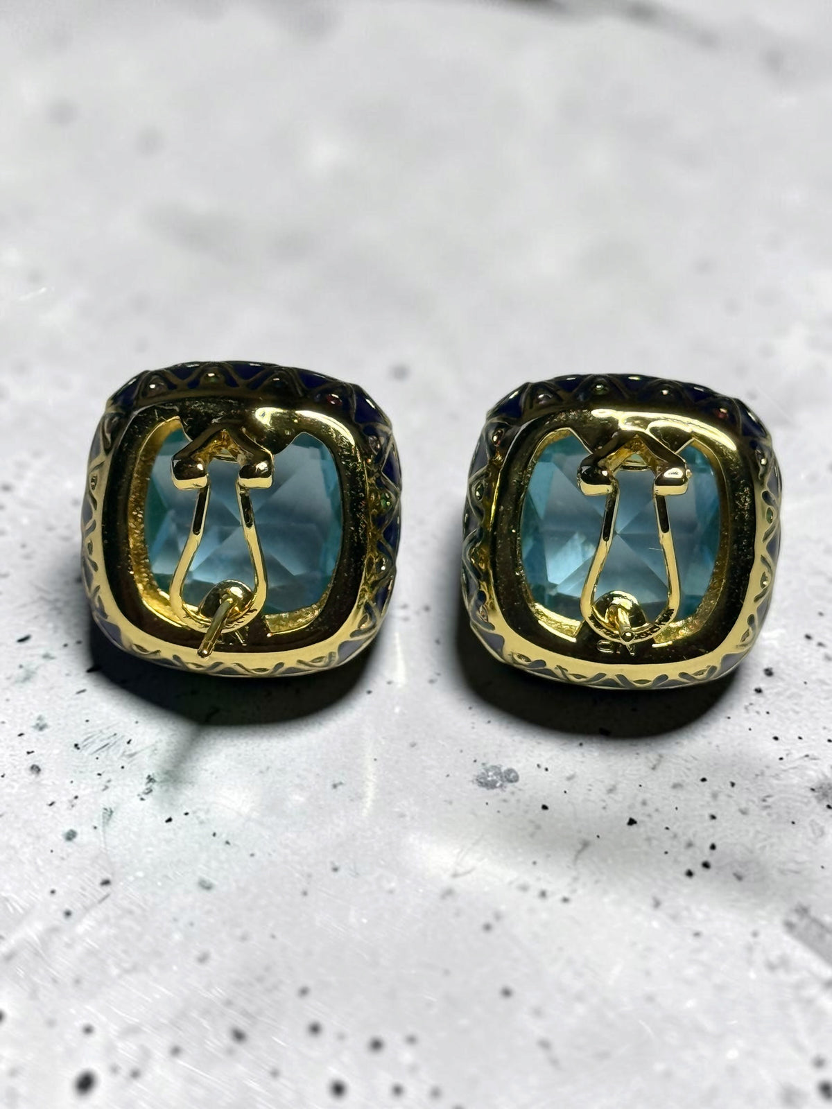 Amazing Vintage 1990's QVC Aquamarine Cubic Zirconia Cushion Cut Omega Earrings