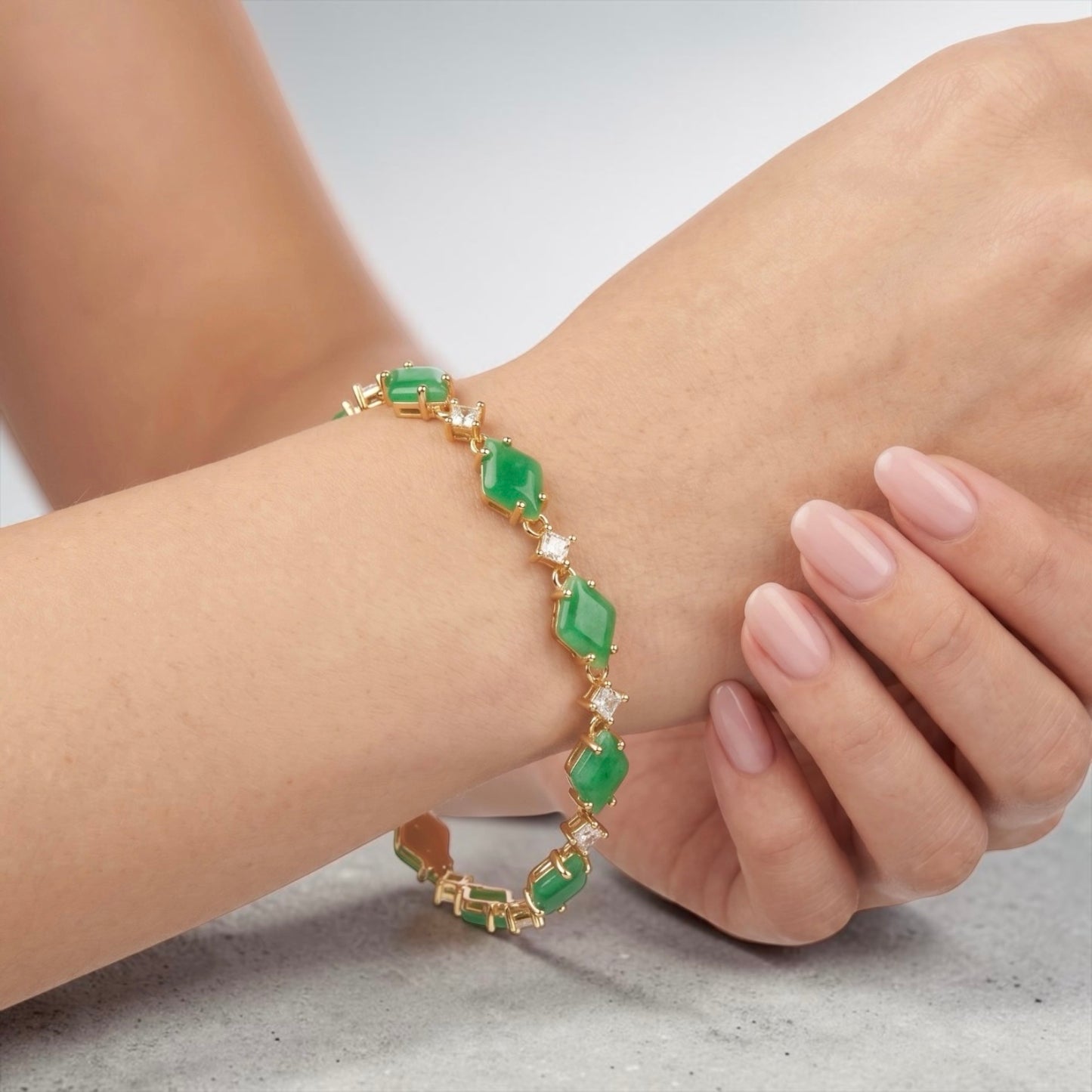 Green Jadeite & CZ Link GP Bracelet 7"