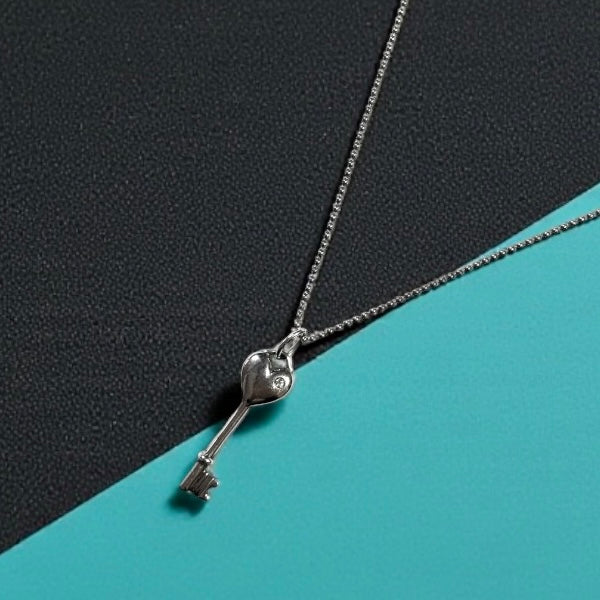 Tiffany & Co Diamond Silver Heart Key Pendant 20" Chain Necklace Rare