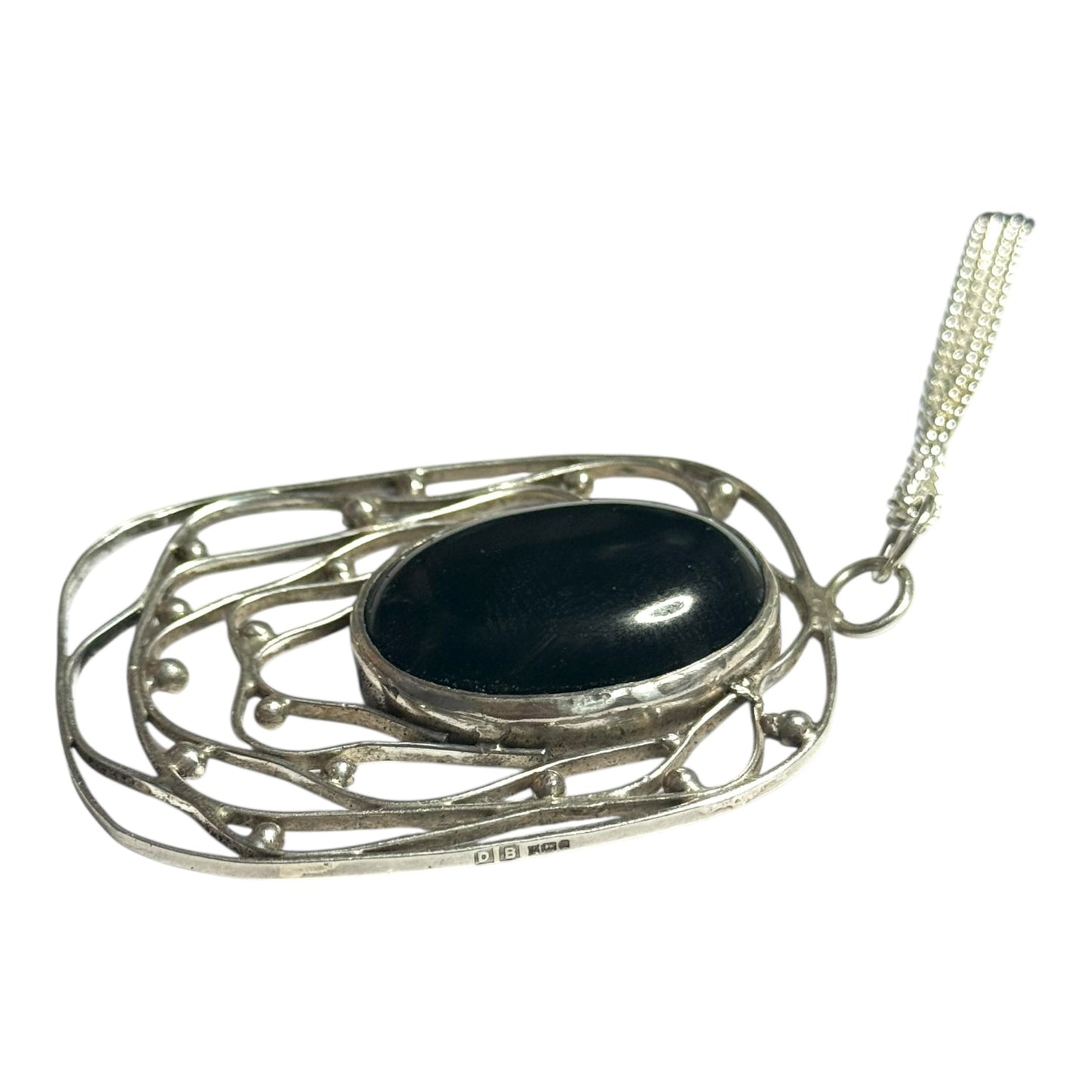 Vintage 1976 Obsidian Cabochon Silver Modernist Pendant & Chain