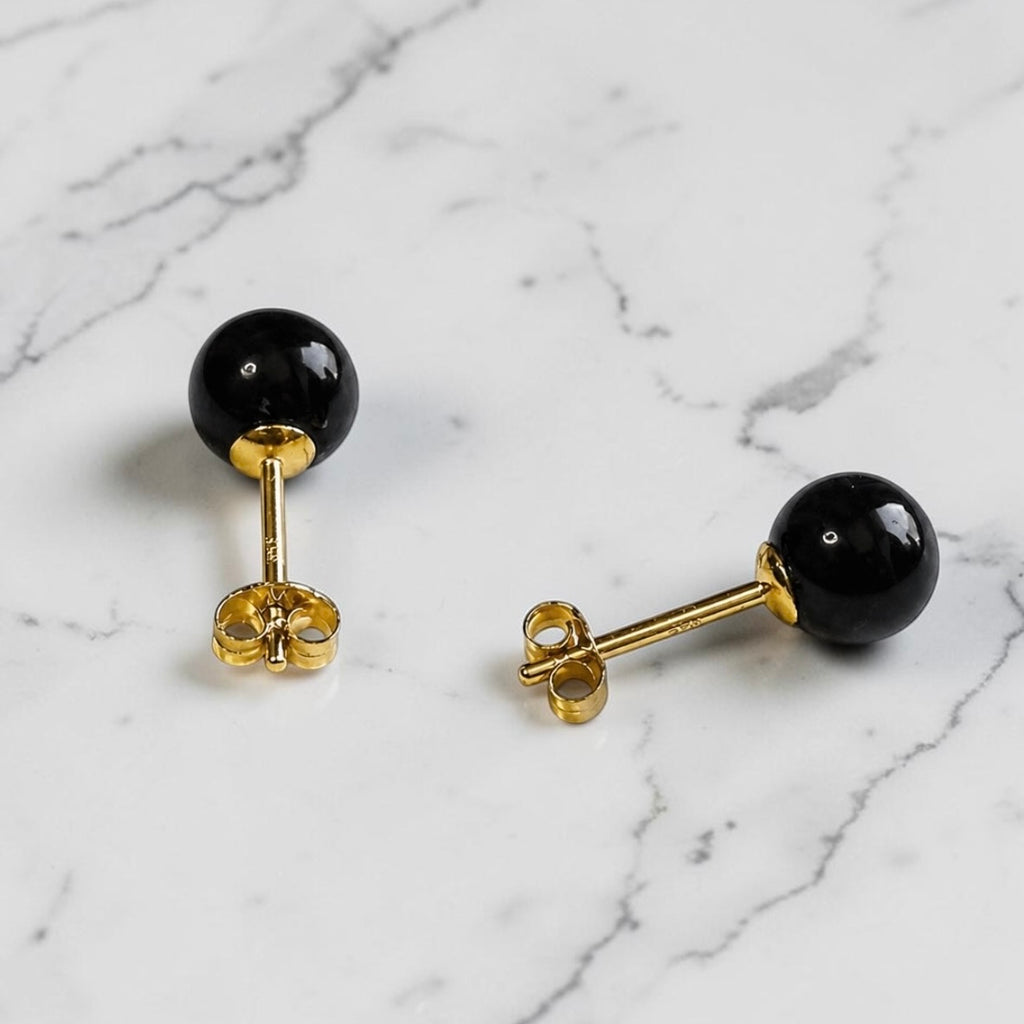 Genuine 6mm Black Onyx 9ct Gold Earring Studs 1.5 Carats