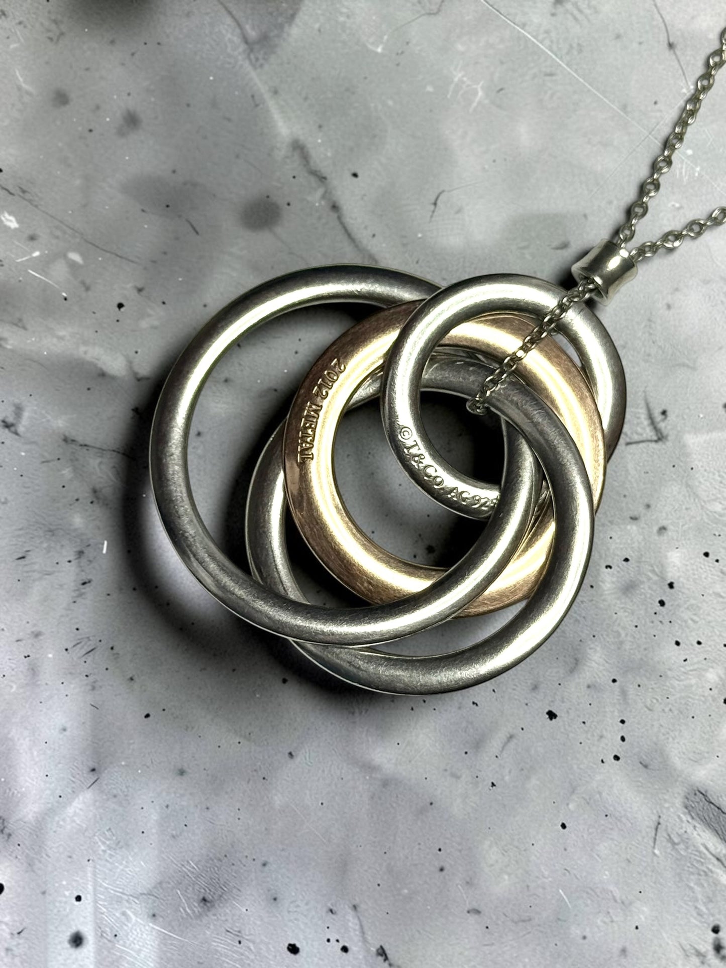 Tiffany & Co Four Circle Large Silver & Rubedo Pendant & Box & 20" Chain