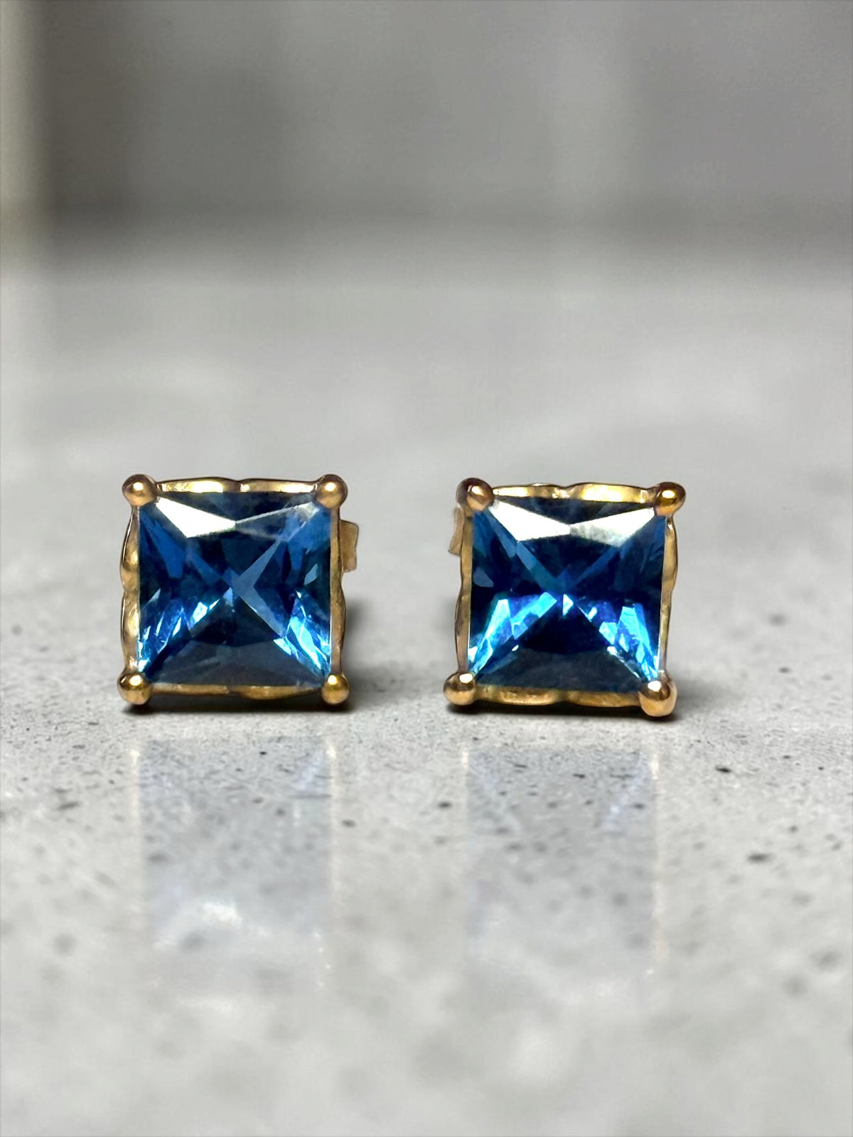 London Blue Topaz Princess Cut 9k Gold Stud Earrings