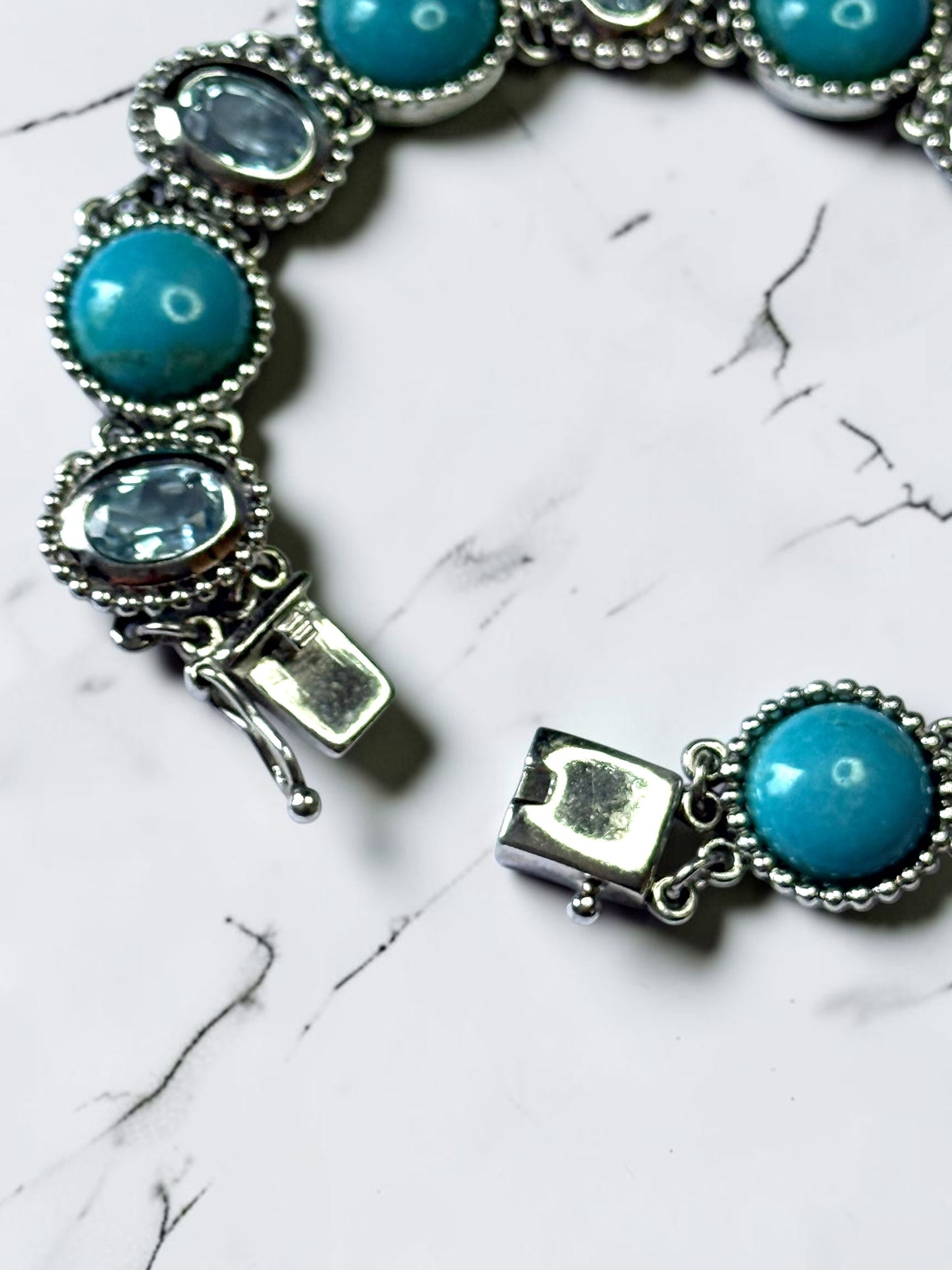 Stunning Hallmarked Vintage Turquoise & Blue Topaz Panel Bracelet Silver 925 7"