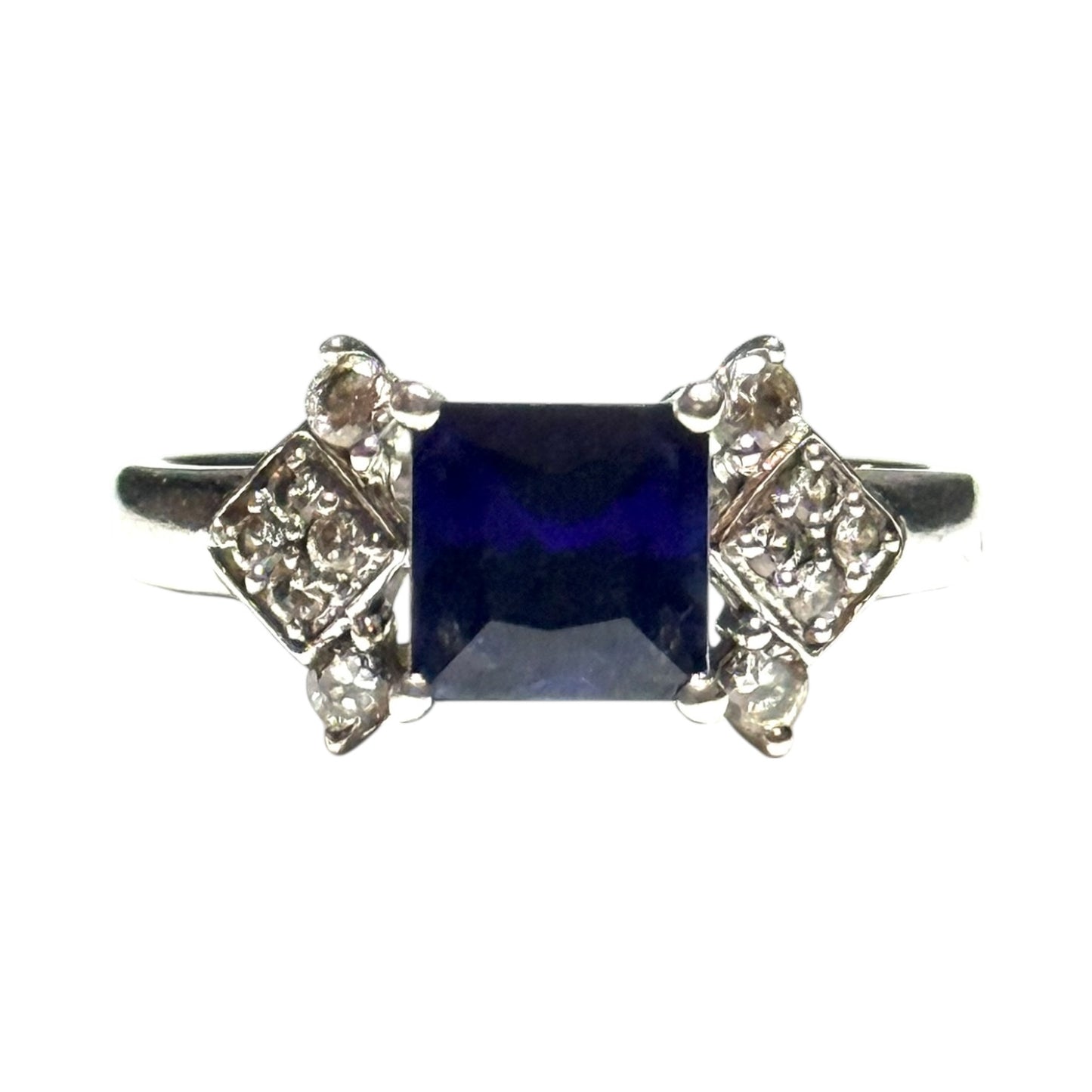 Sapphire & White Stone Silver Ring Size R - CSC