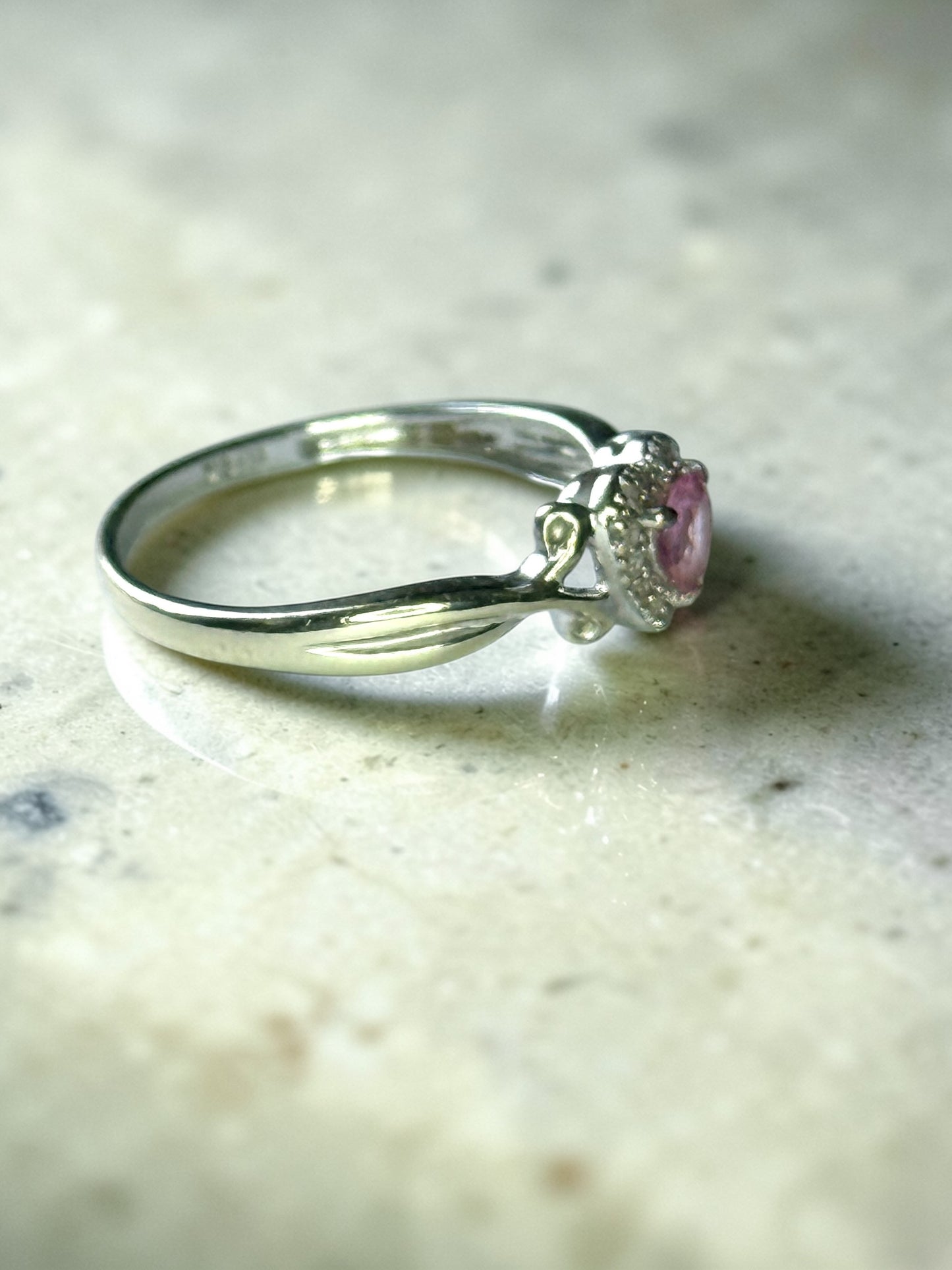 Pink Sapphire Heart & Diamond Halo White Gold Ring