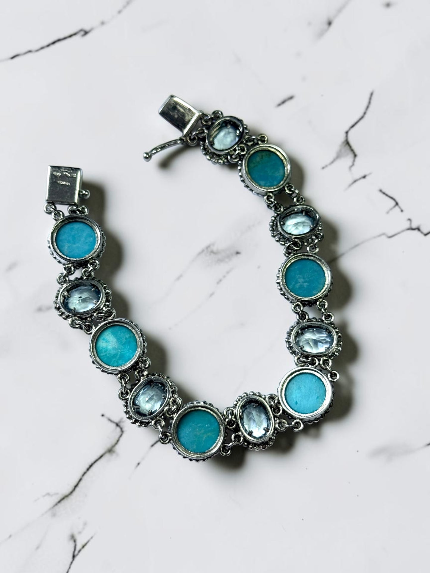 Stunning Hallmarked Vintage Turquoise & Blue Topaz Panel Bracelet Silver 925 7"