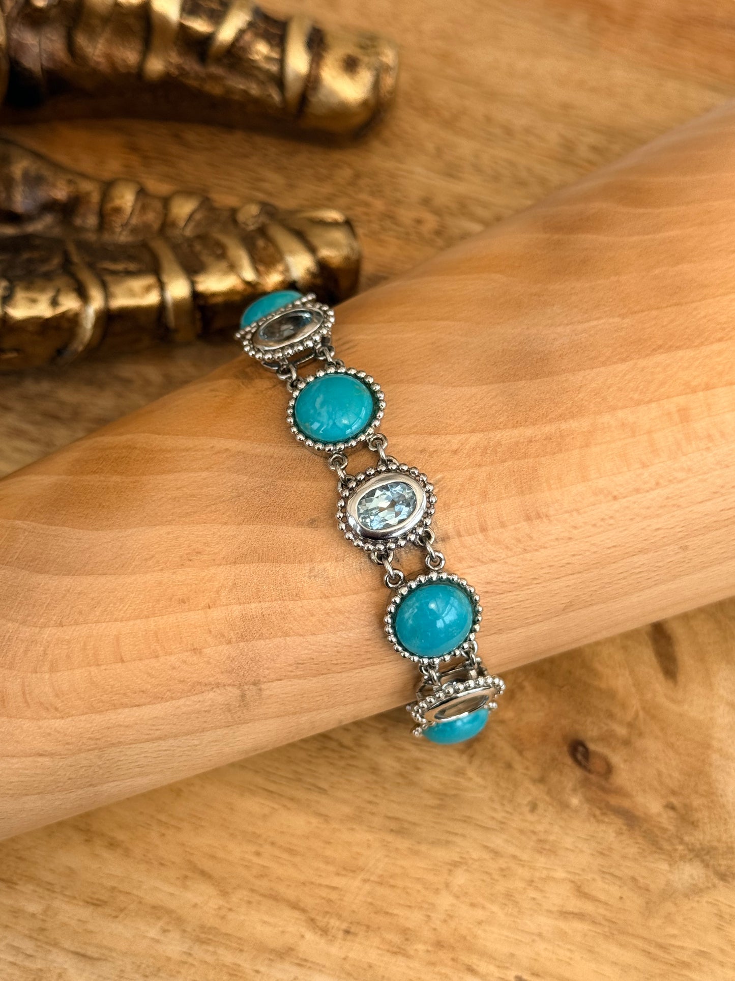Stunning Hallmarked Vintage Turquoise & Blue Topaz Panel Bracelet Silver 925 7"