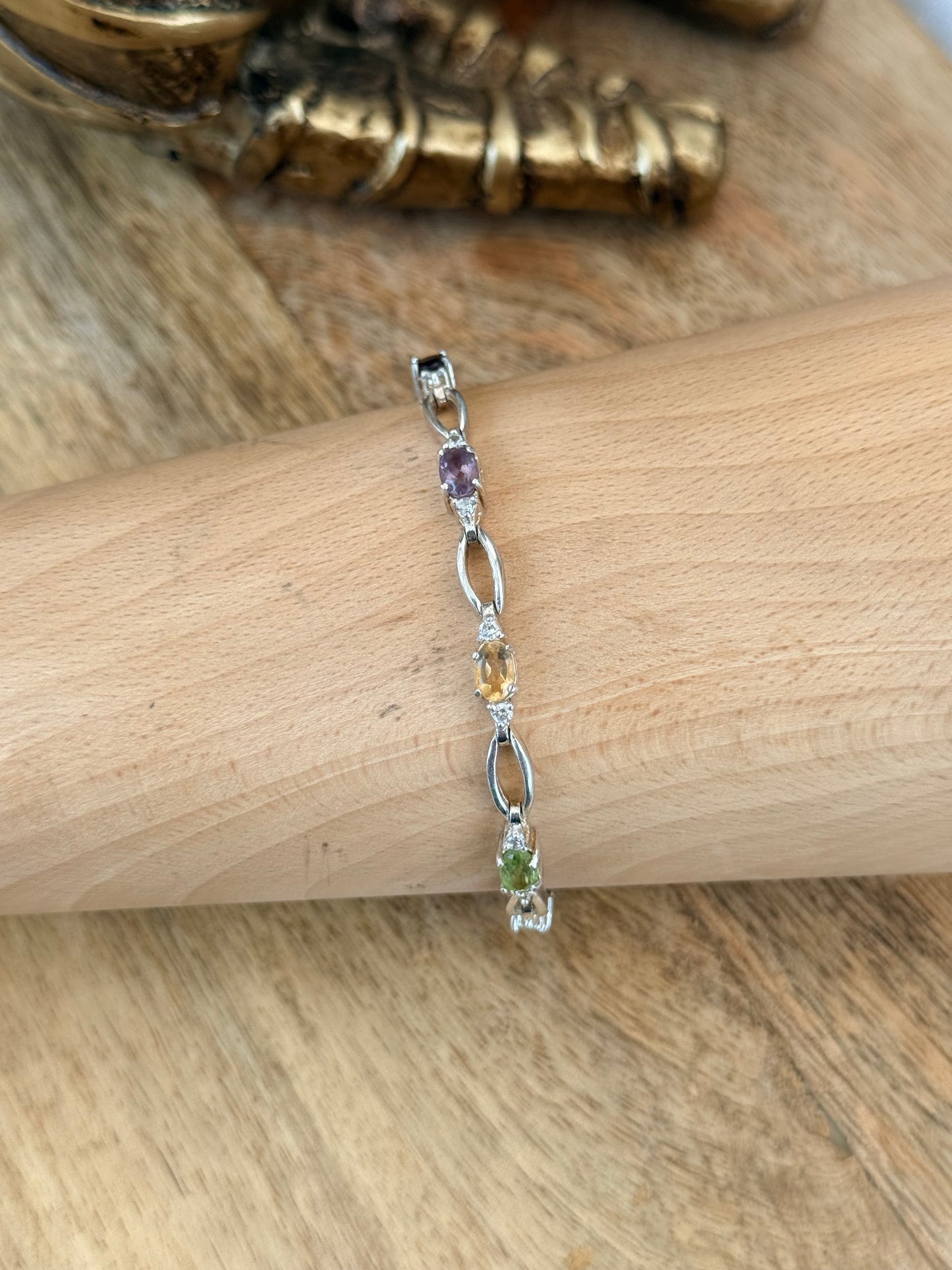 Pretty 925 Silver Multi Gem Citrine, Amethyst etc Bracelet Size 7"