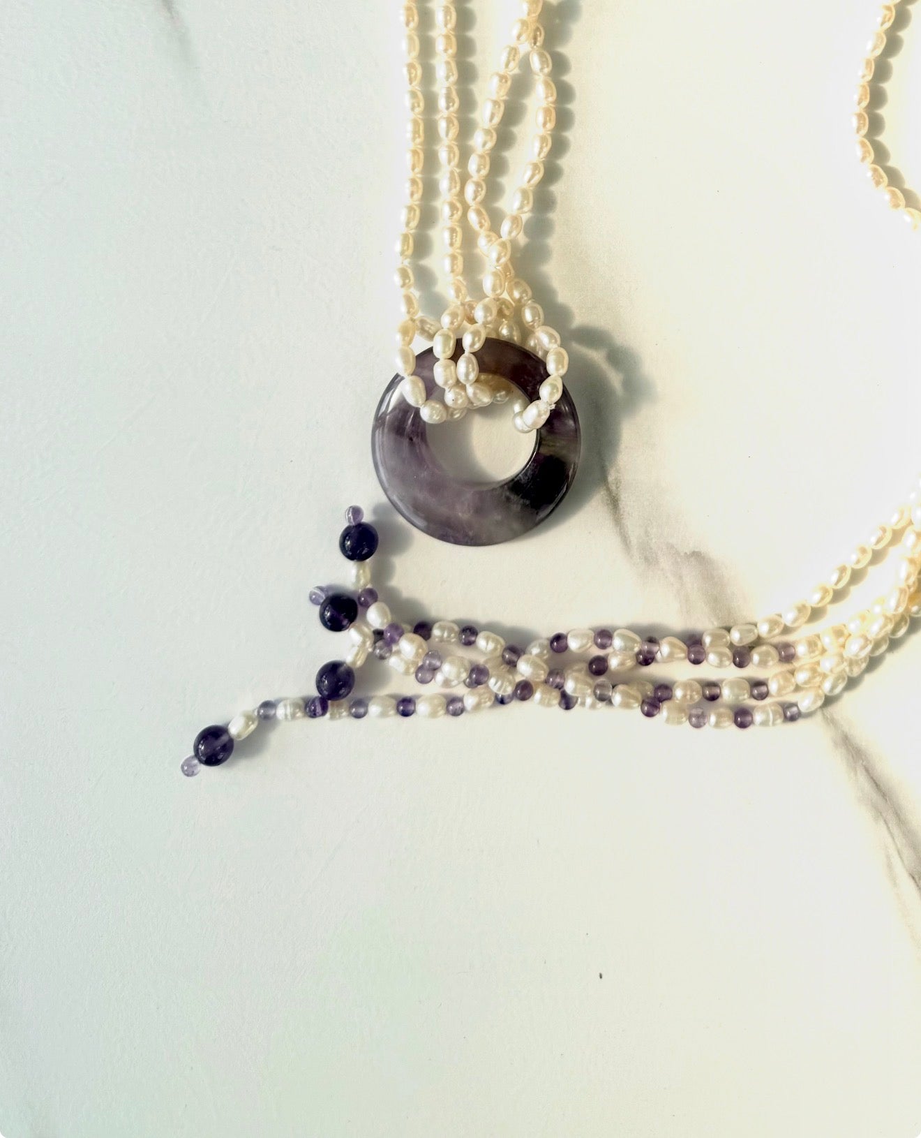Multi Strand Cultured Pearl And Polished Amethyst Necklace