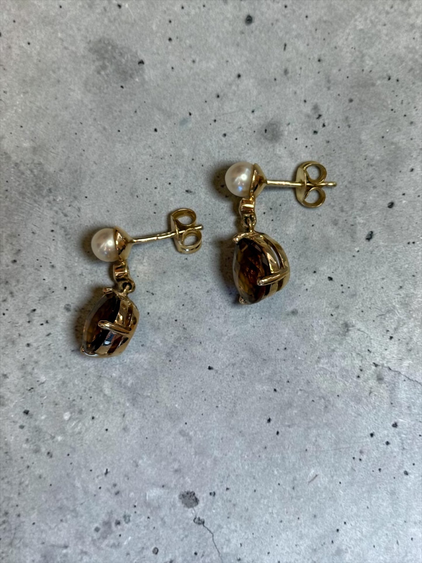 Stunning 9k Gold Cognac Citrine & Pearl Drop Earrings