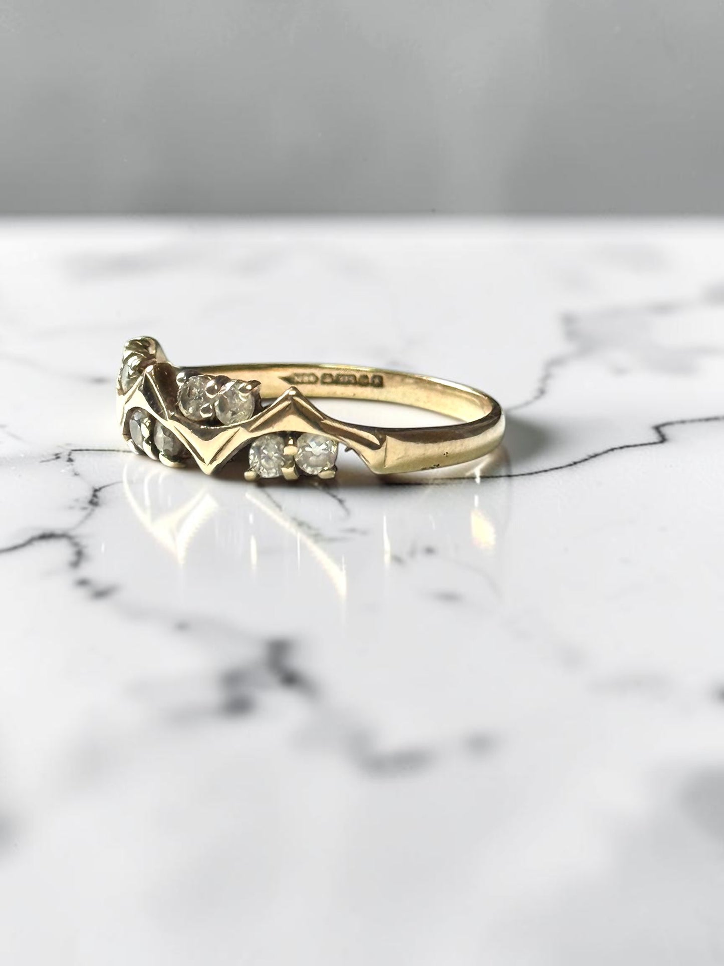 Vintage 1989 Unusual Design CZ 0.3ct 9k Gold Ring Size P
