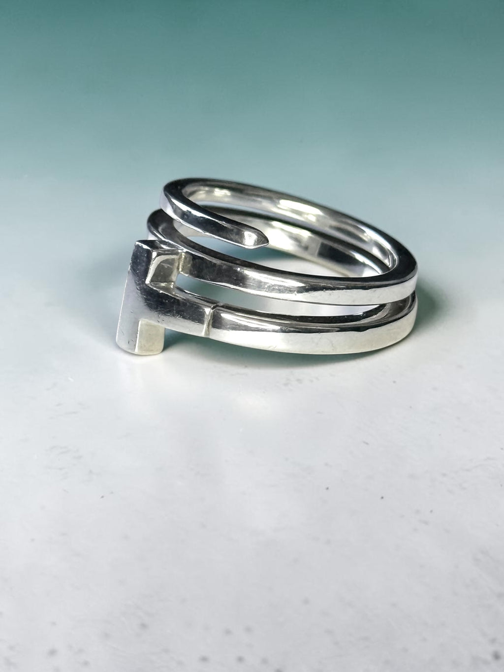 Rarely Available Tiffany & Co. Rare Sterling Silver T Square Wrap Ring size K