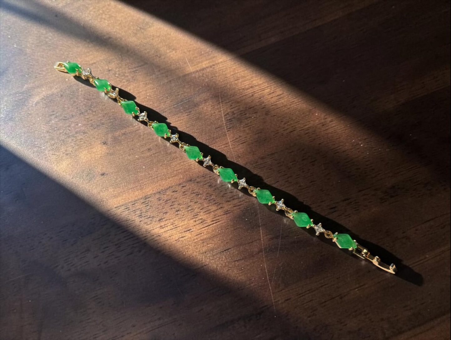 Green Jadeite & CZ Link GP Bracelet 7"