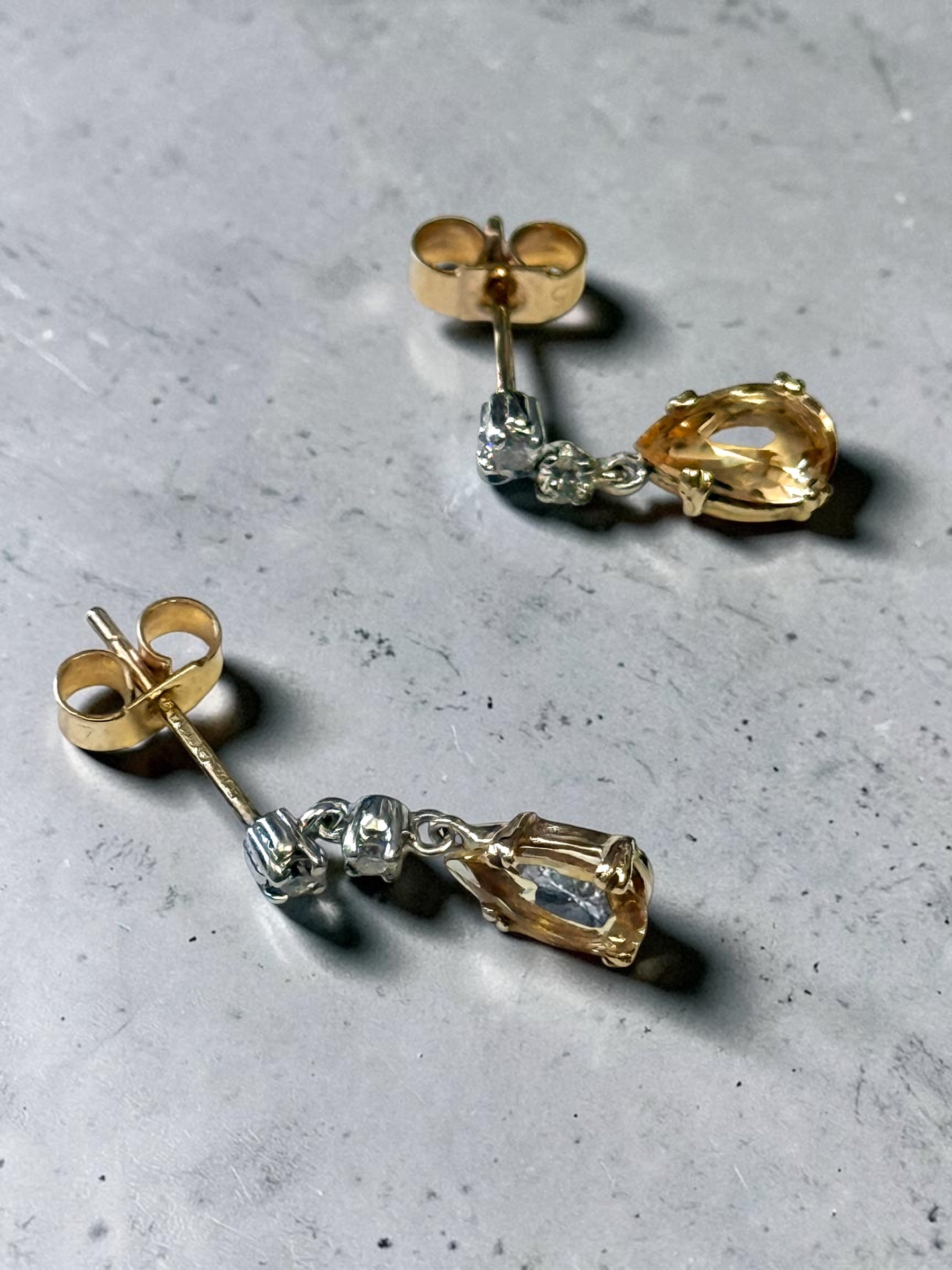 Stunning Vintage Imperial/Sherry Topaz & Diamond Drop Earrings 9ct Gold