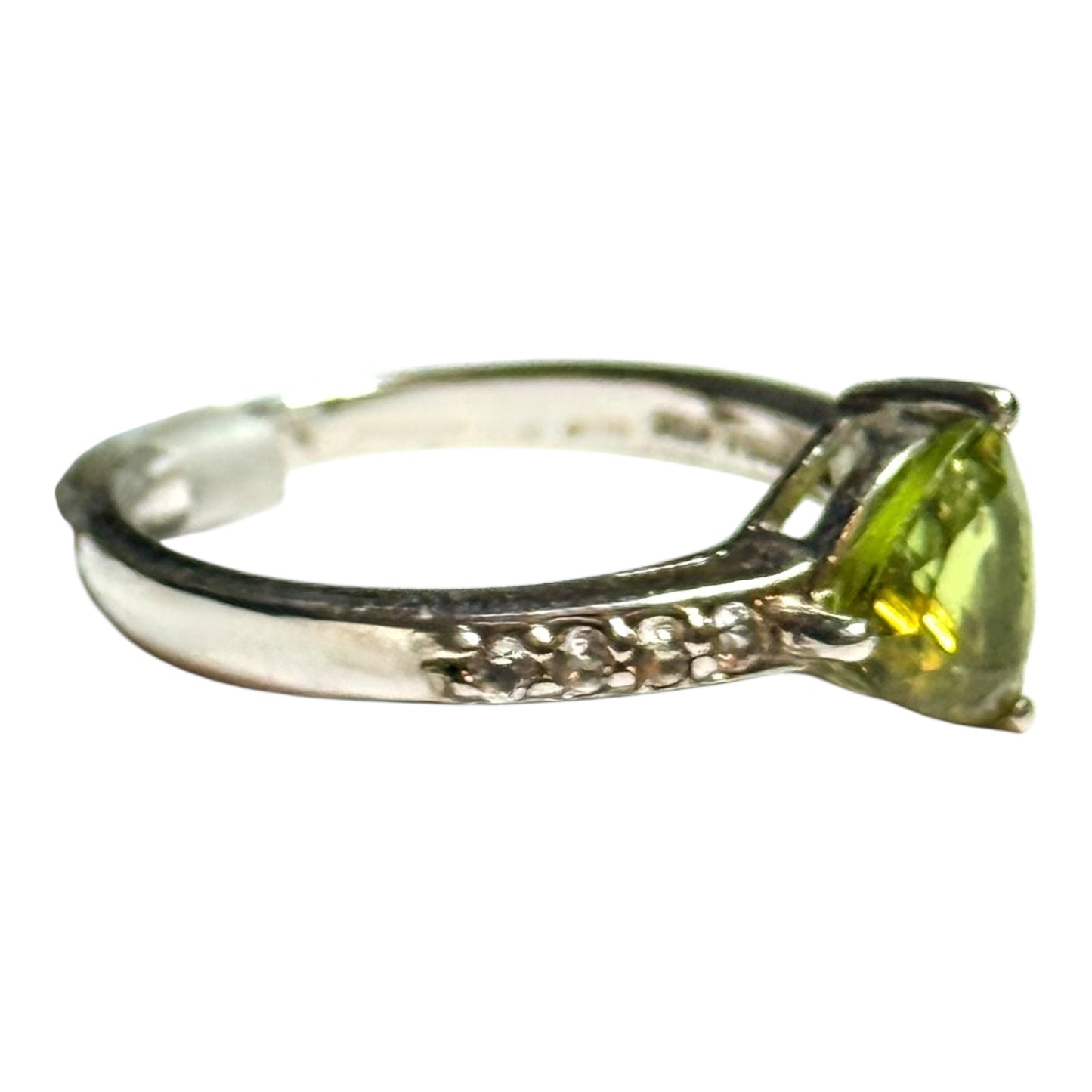 New Offset Peridot Trillion & Zircon Silver Ring Size L CSC