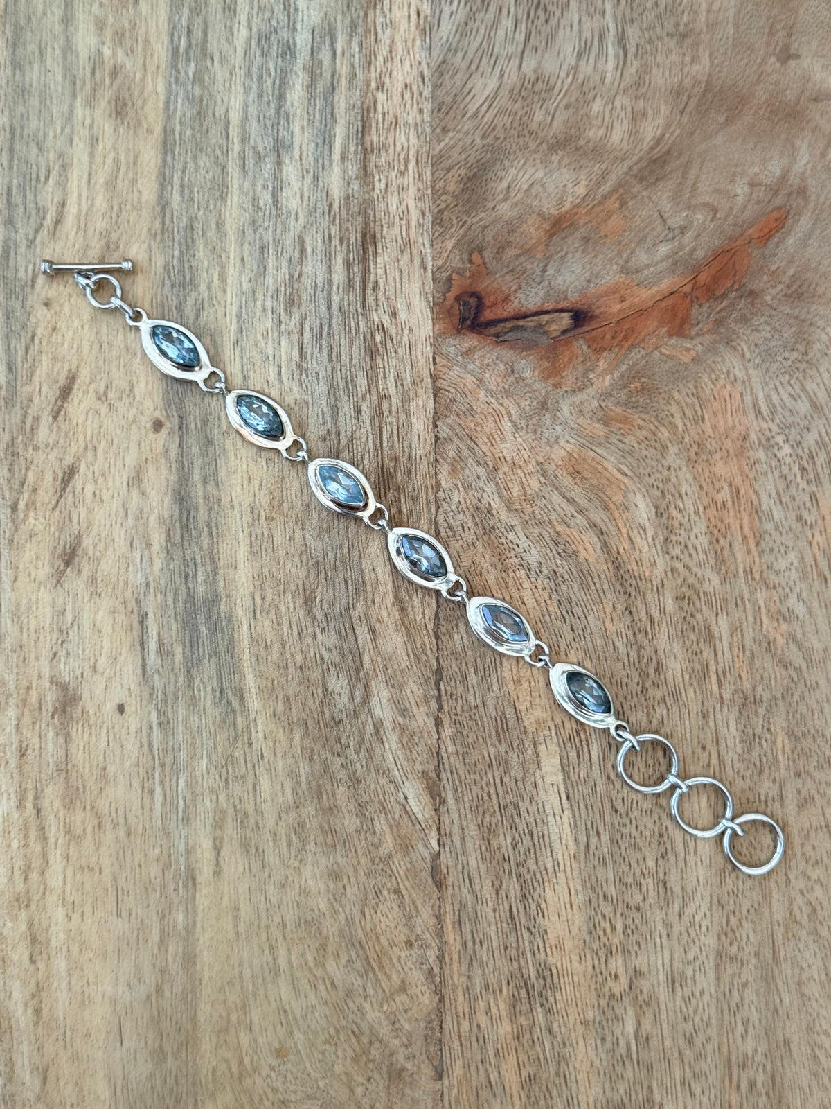 Blue Topaz Marquis Vintage 925 Silver Bracelet Adjustable 6 1/2" - 8" Hallmarked