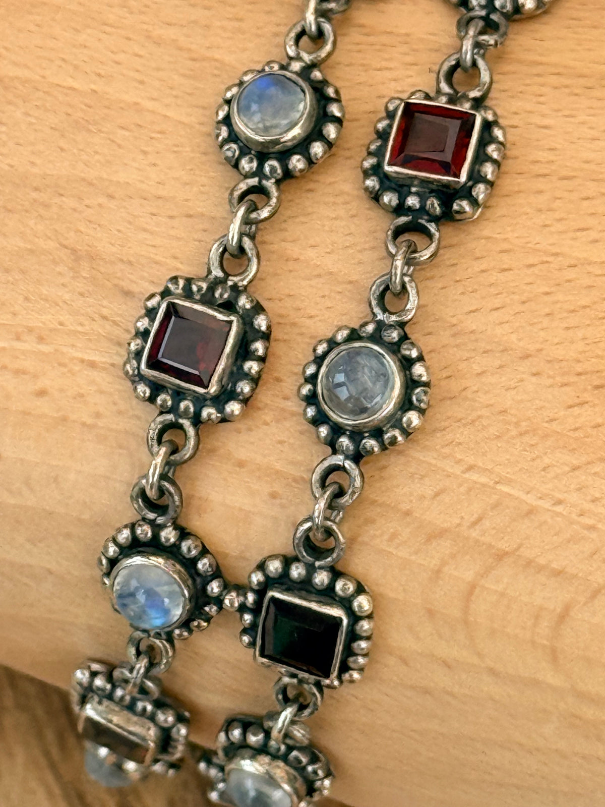 Pretty Double Row Moonstone & Garnet Vintage Bracelet 925 Silver 7 1/2"