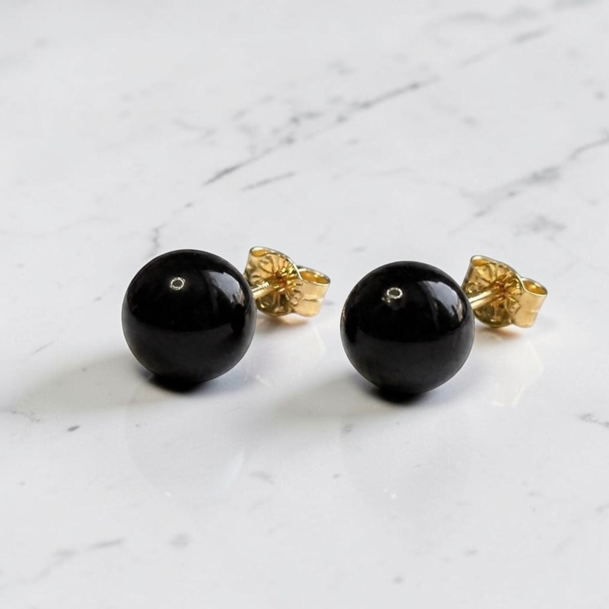 Genuine 6mm Black Onyx 9ct Gold Earring Studs 1.5 Carats