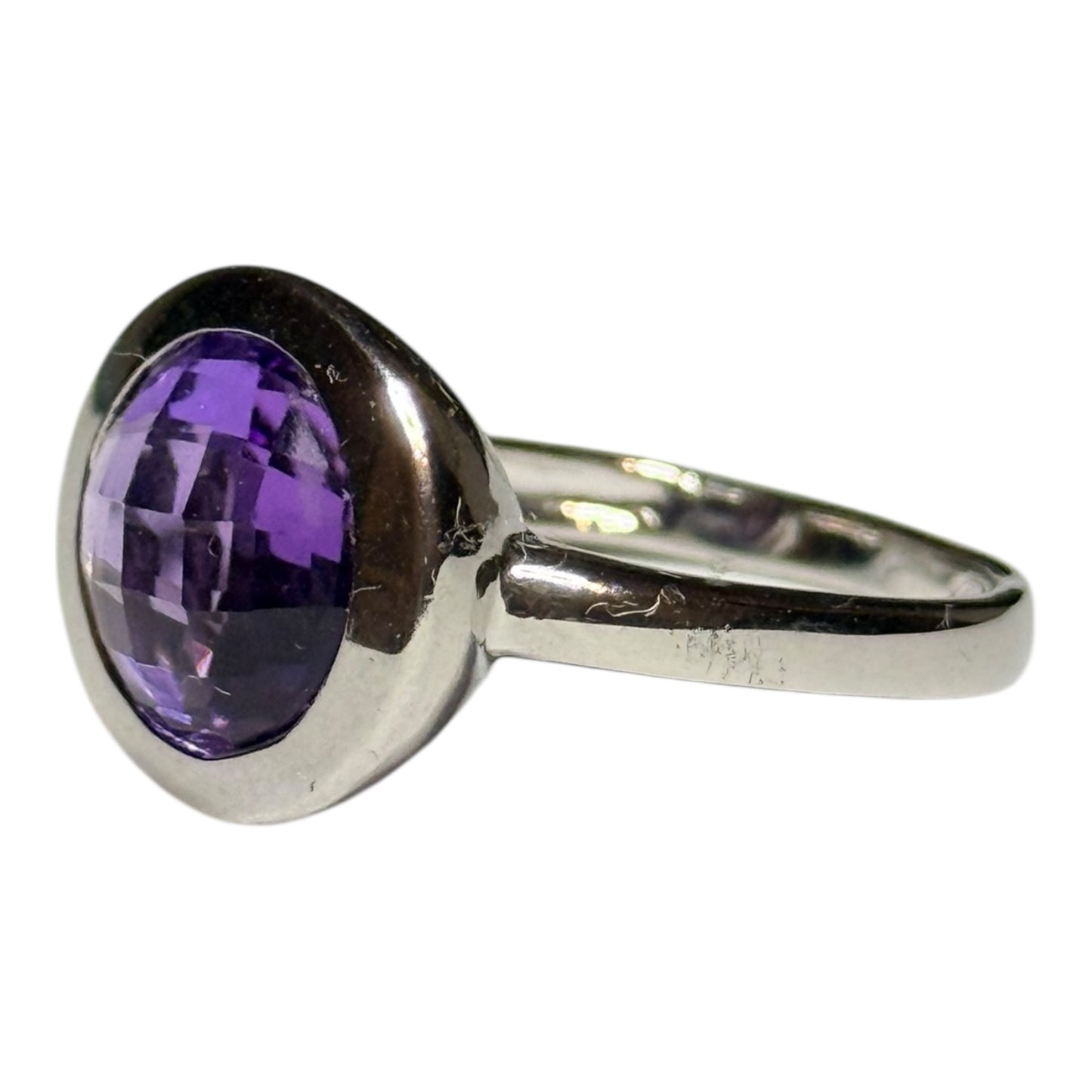 Amethyst Checkerboard Cut New Silver Ring Size P