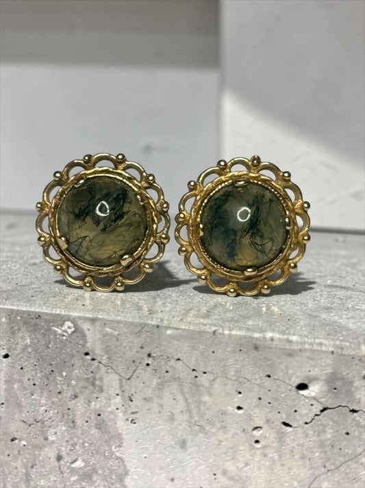 Stunning Vintage Filigree Moss Agate 9k Gold Earring Studs