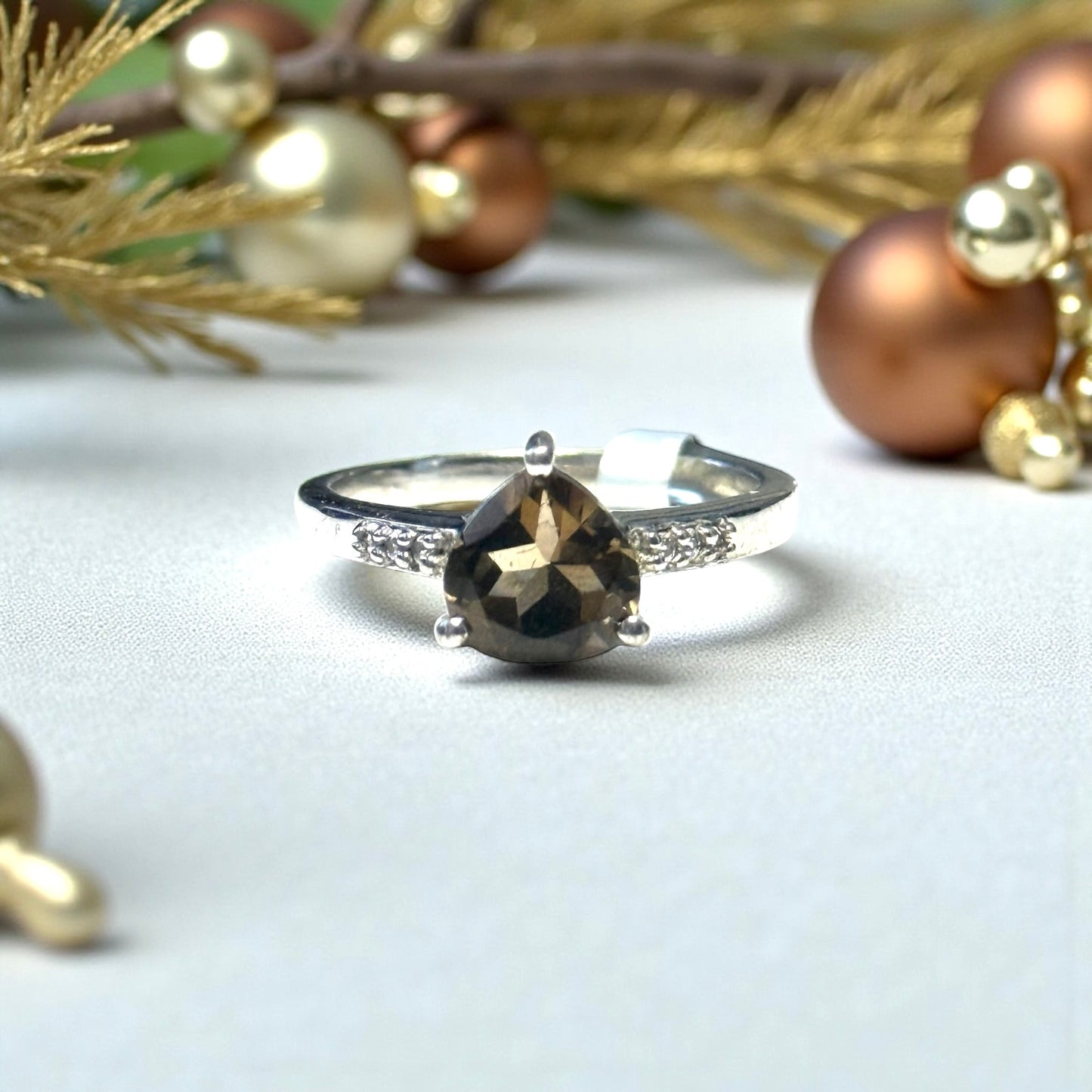 New Smokey Quartz & White Topaz Sterling Silver Size P 1/2 CSC