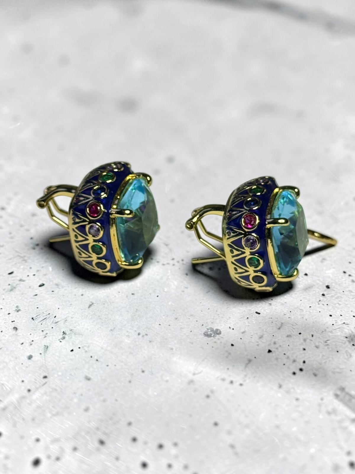 Amazing Vintage 1990's QVC Aquamarine Cubic Zirconia Cushion Cut Omega Earrings