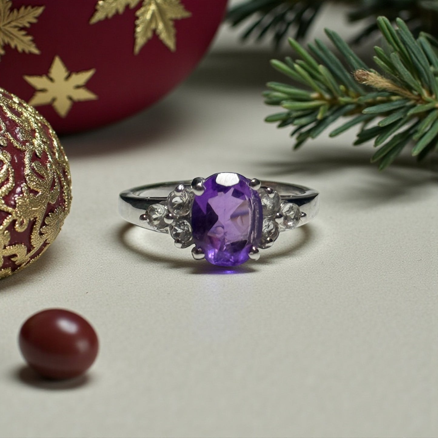 New Amethyst & White Topaz Silver Ring Size N - CSC