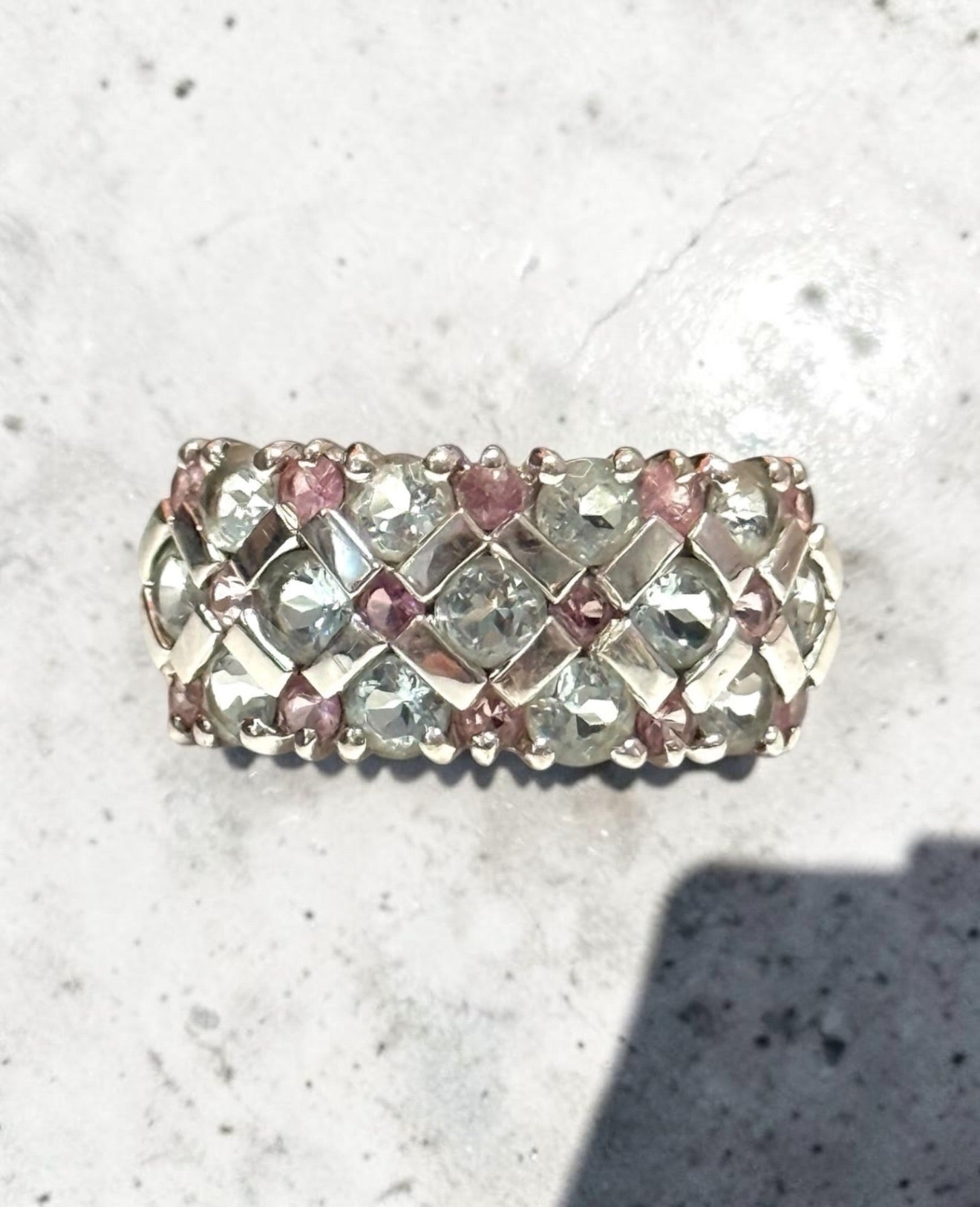 Vintage Aquamarine & Pink Sapphire White Gold Ring Size K
