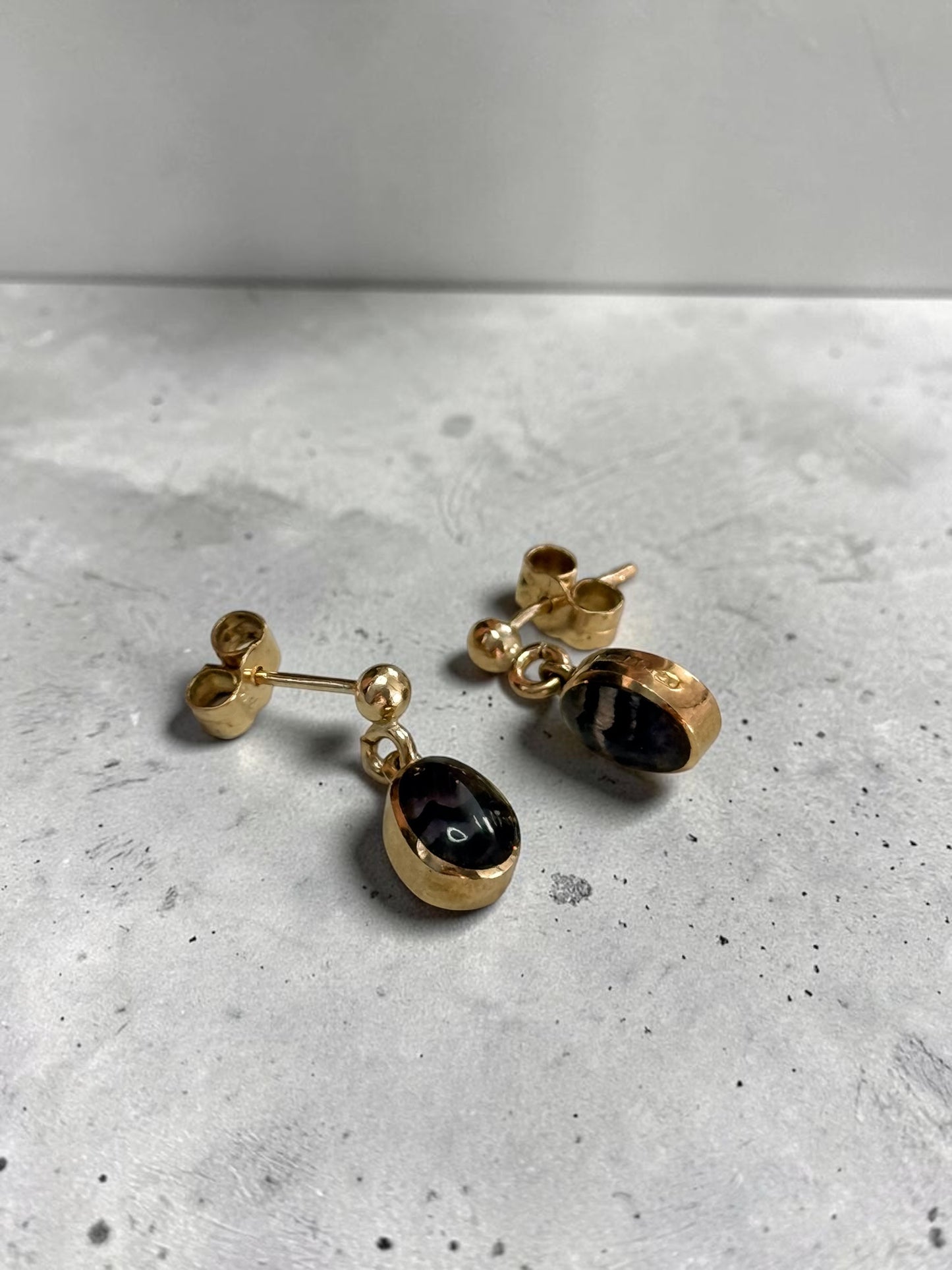 Pretty Vintage Blue John 9K Gold Dangle Earrings Hallmarked