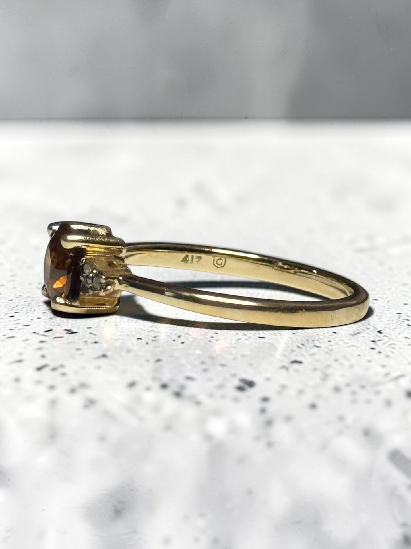 Unusual Cognac Zircon & Champagne Diamond 10k Gold Ring Size J 1/2