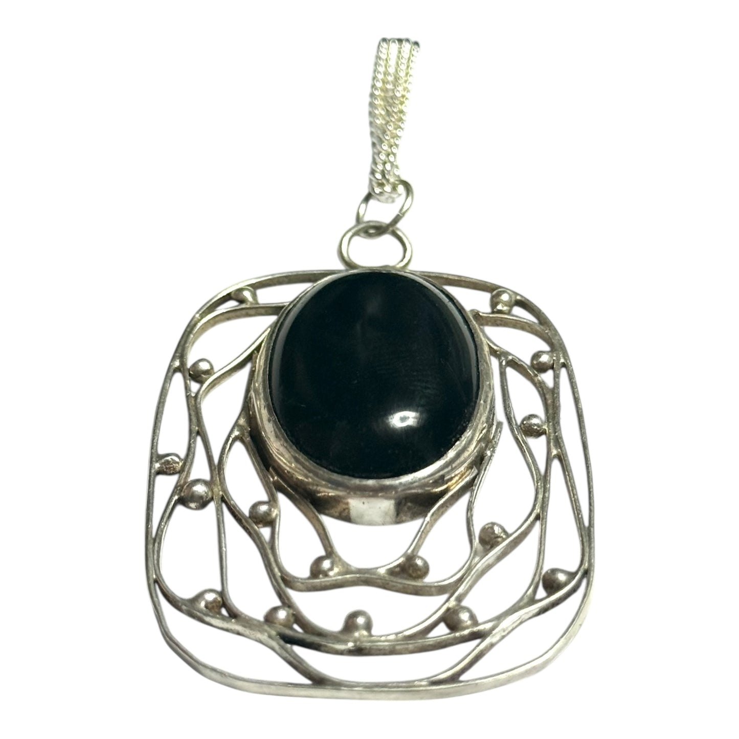 Vintage 1976 Obsidian Cabochon Silver Modernist Pendant & Chain