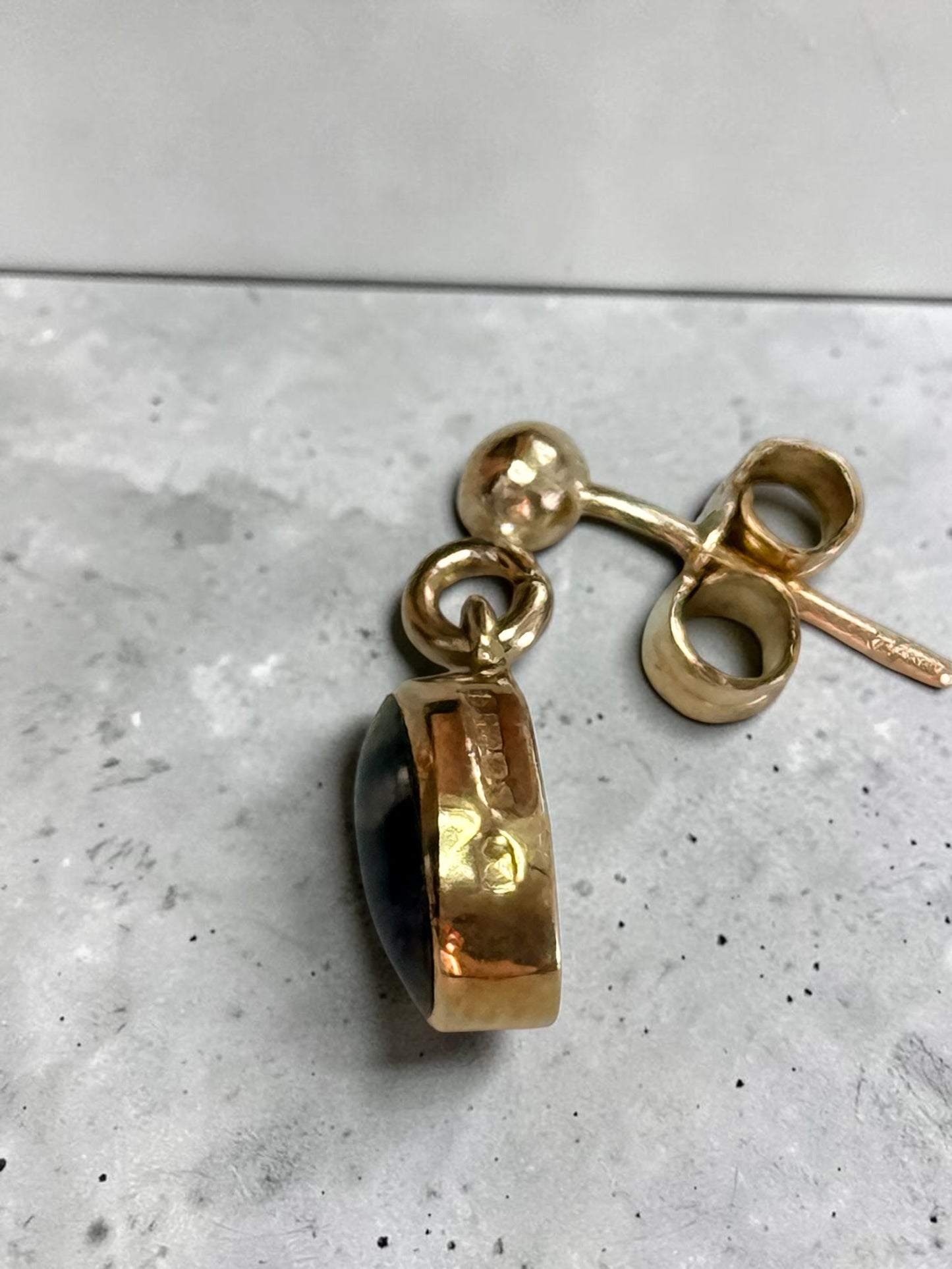 Pretty Vintage Blue John 9K Gold Dangle Earrings Hallmarked
