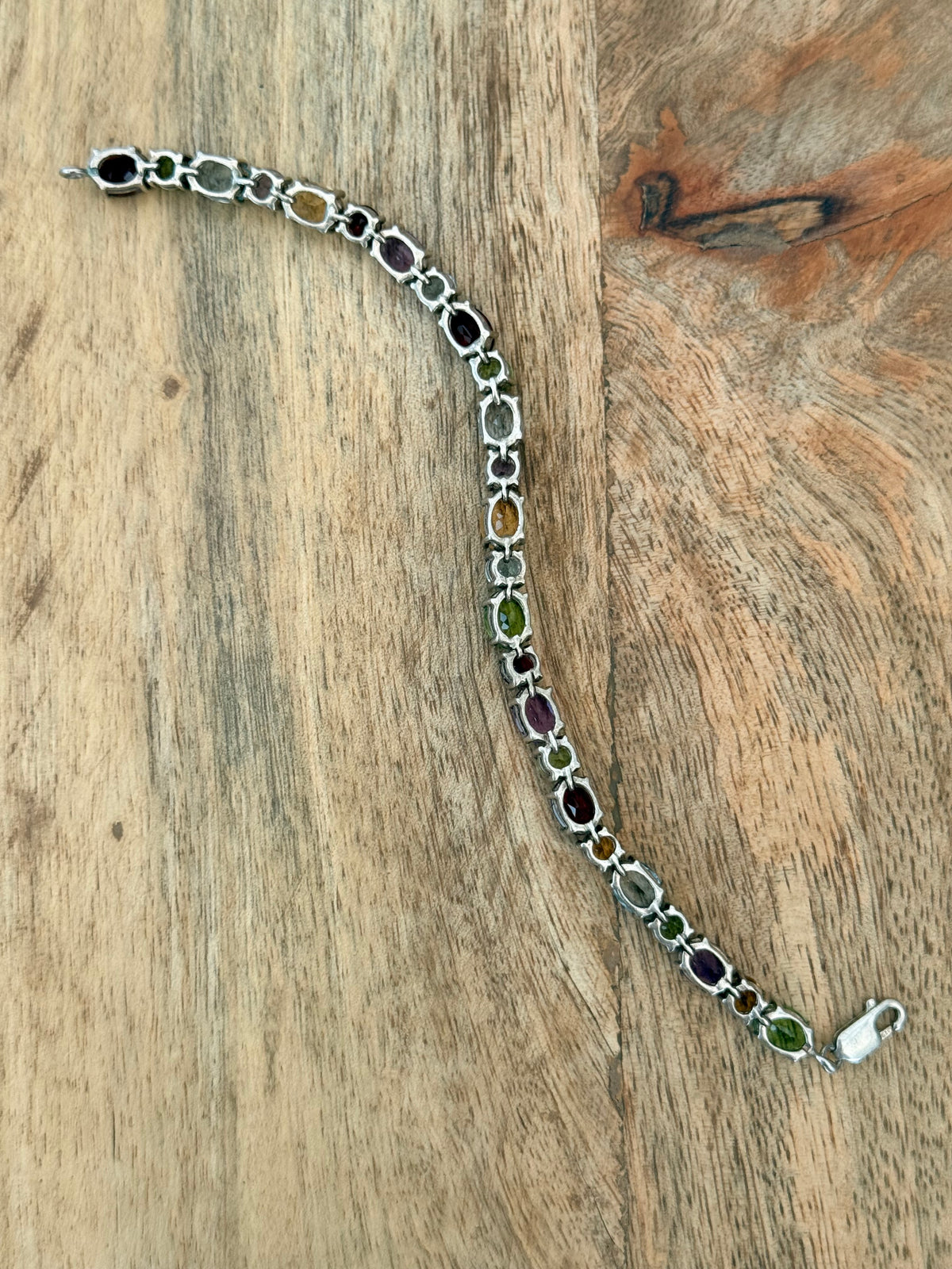 Colourful 21ct Multi Gem Oval & Round Cut 925 Silver Bracelet 7 1/2"