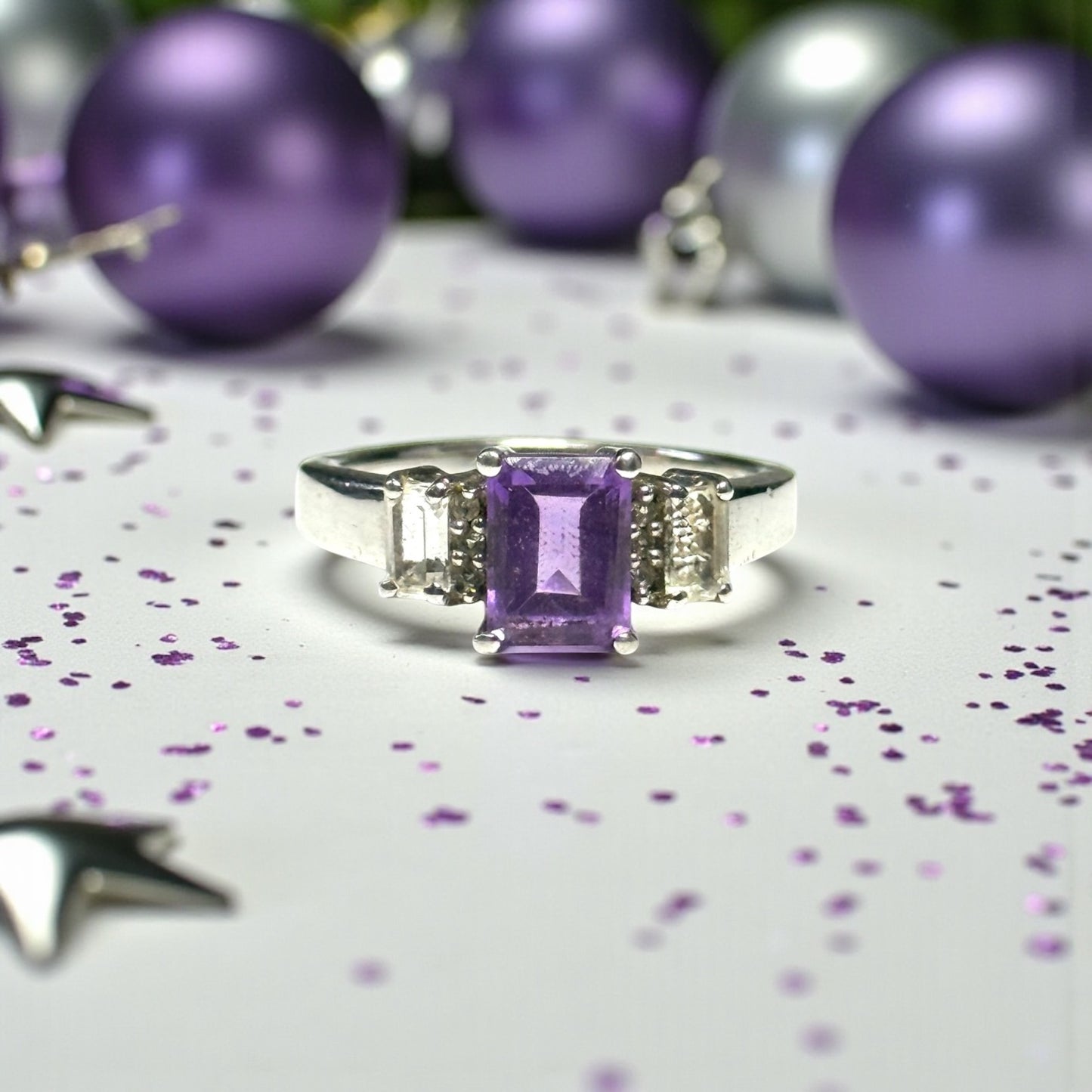 New Amethyst & White Topaz Silver Ring Size R CSC