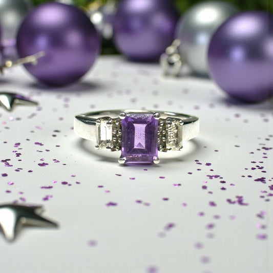 New Amethyst & White Topaz Silver Ring Size R CSC